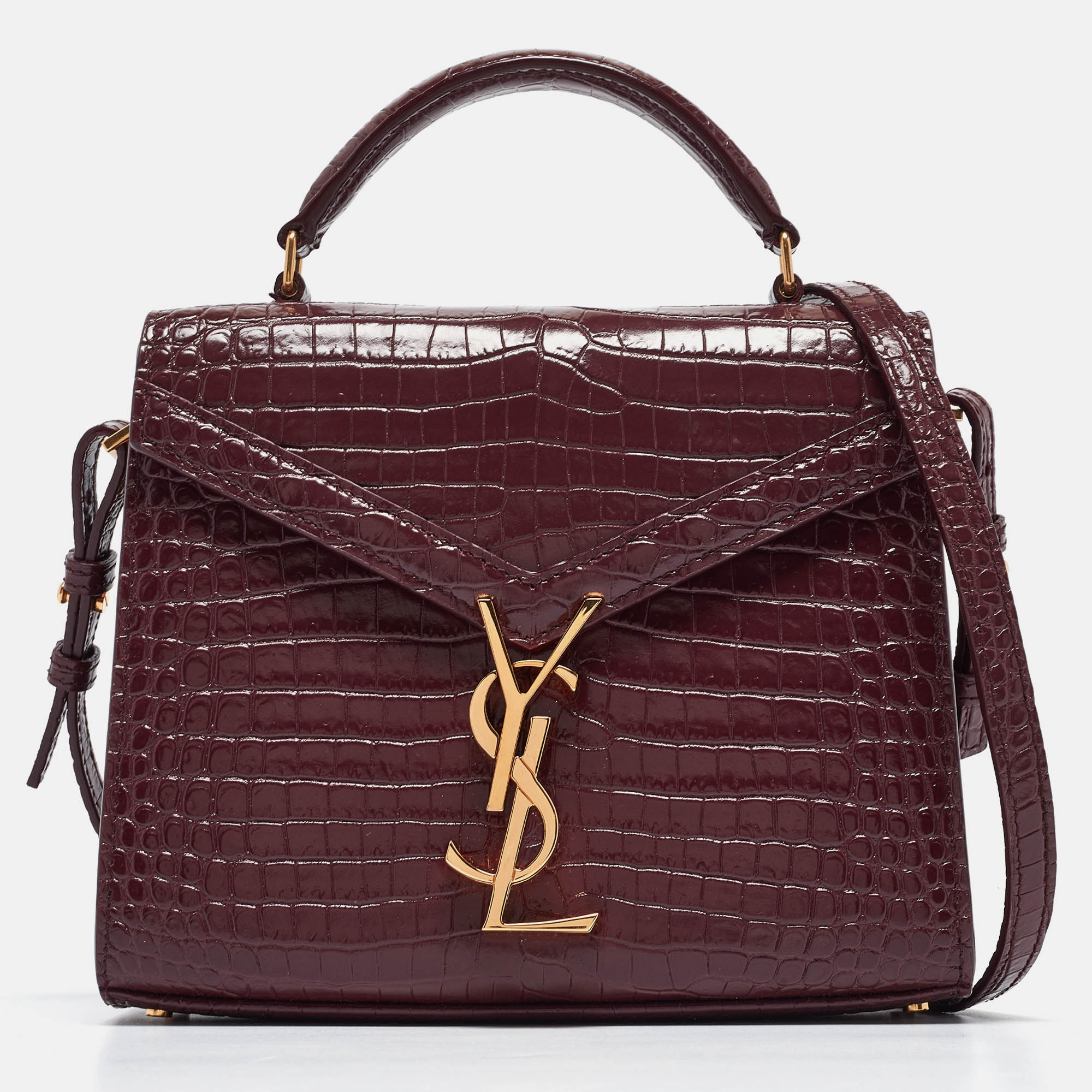 Saint laurent paris saint laurent burgundy croc embossed leather mini cassandra top handle bag