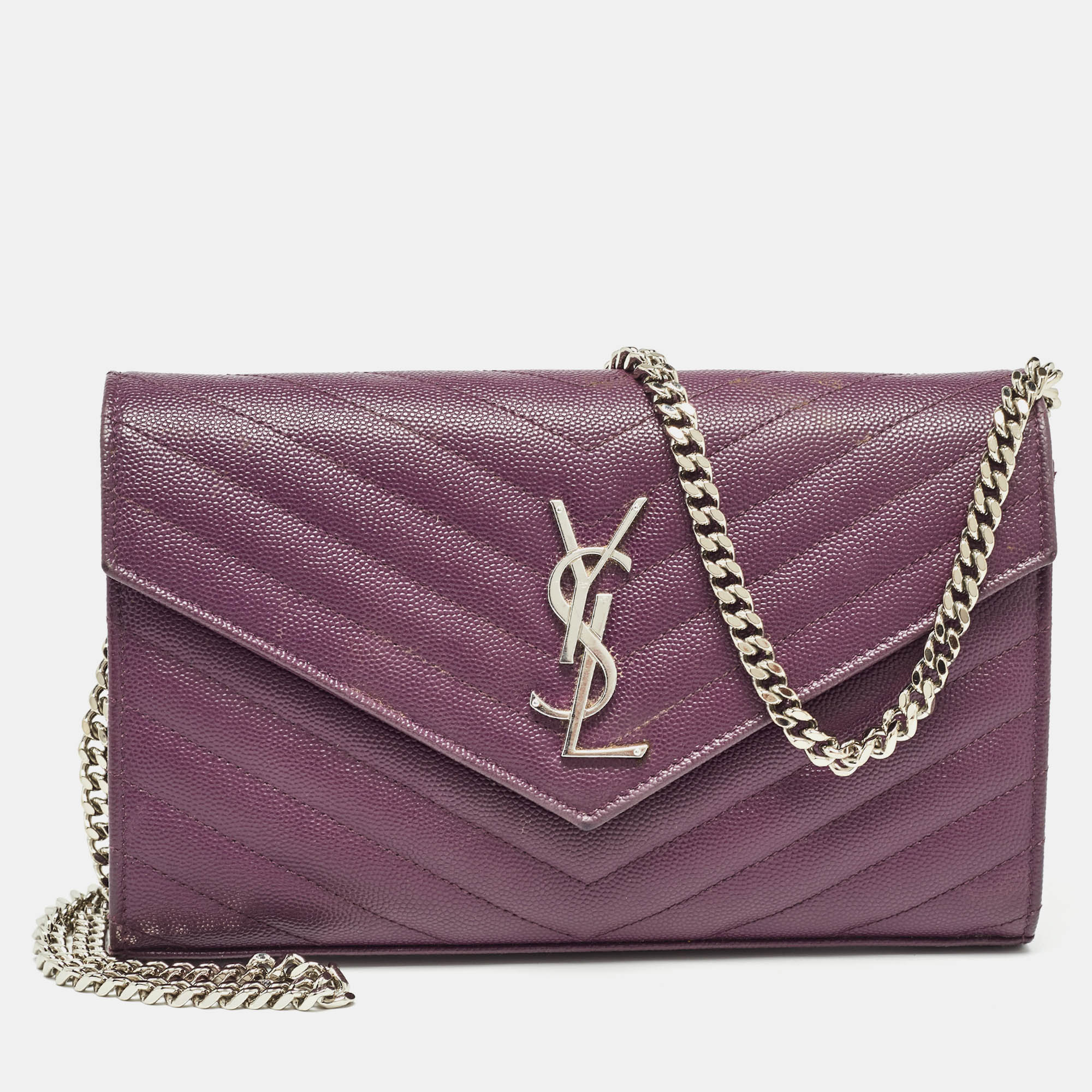 Saint laurent paris saint laurent purple matelass&eacute; leather monogram envelope wallet on chain