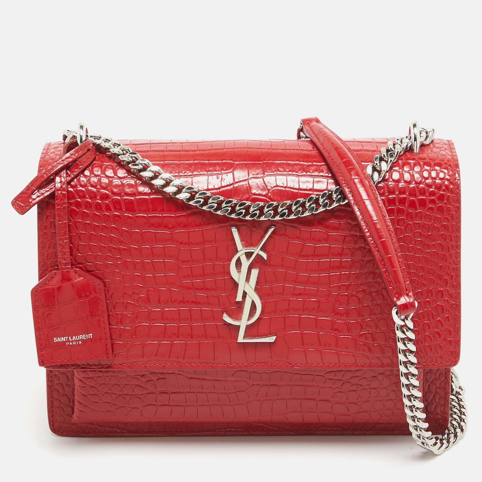 Saint laurent paris saint laurent red croc embossed leather medium sunset shoulder bag