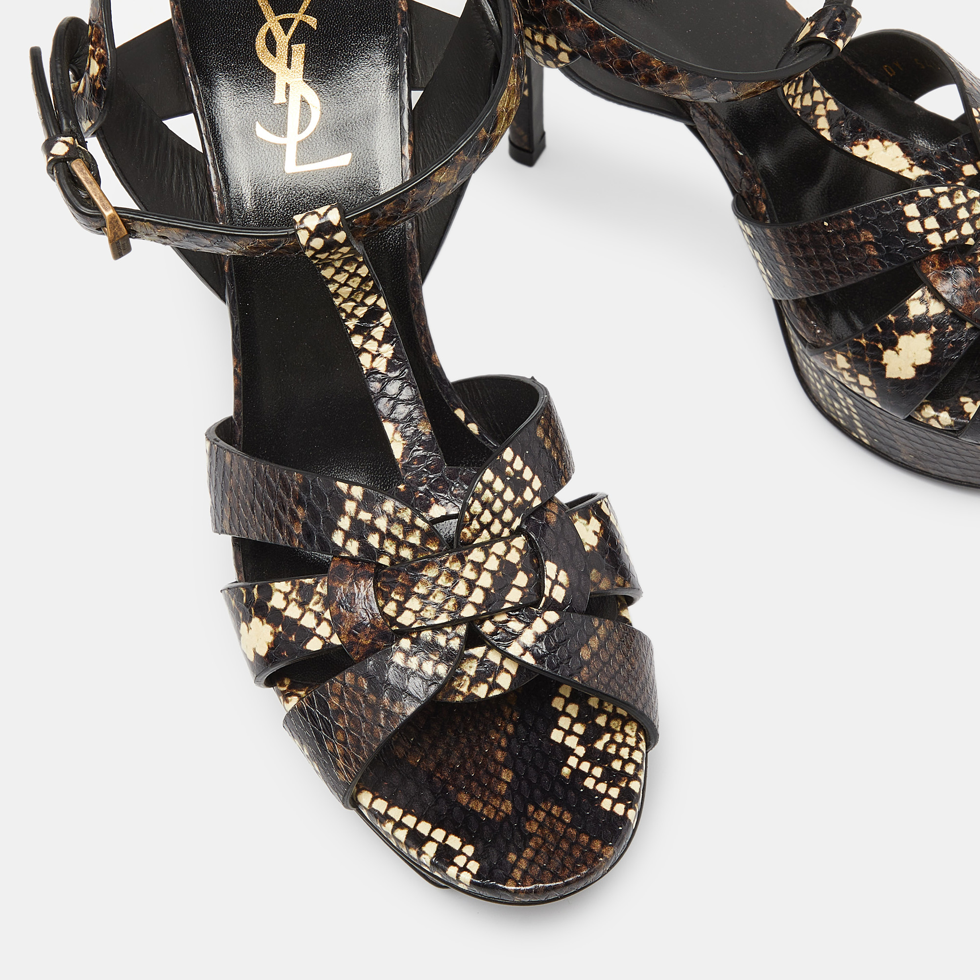 Saint Laurent Brown Python Embossed Leather Tribute Ankle Strap Sandals Size 39