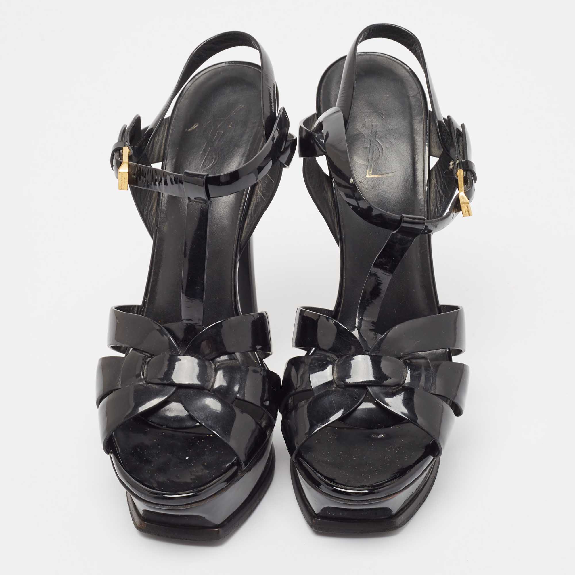 Saint Laurent Black Patent Leather Tribute Sandals Size 40