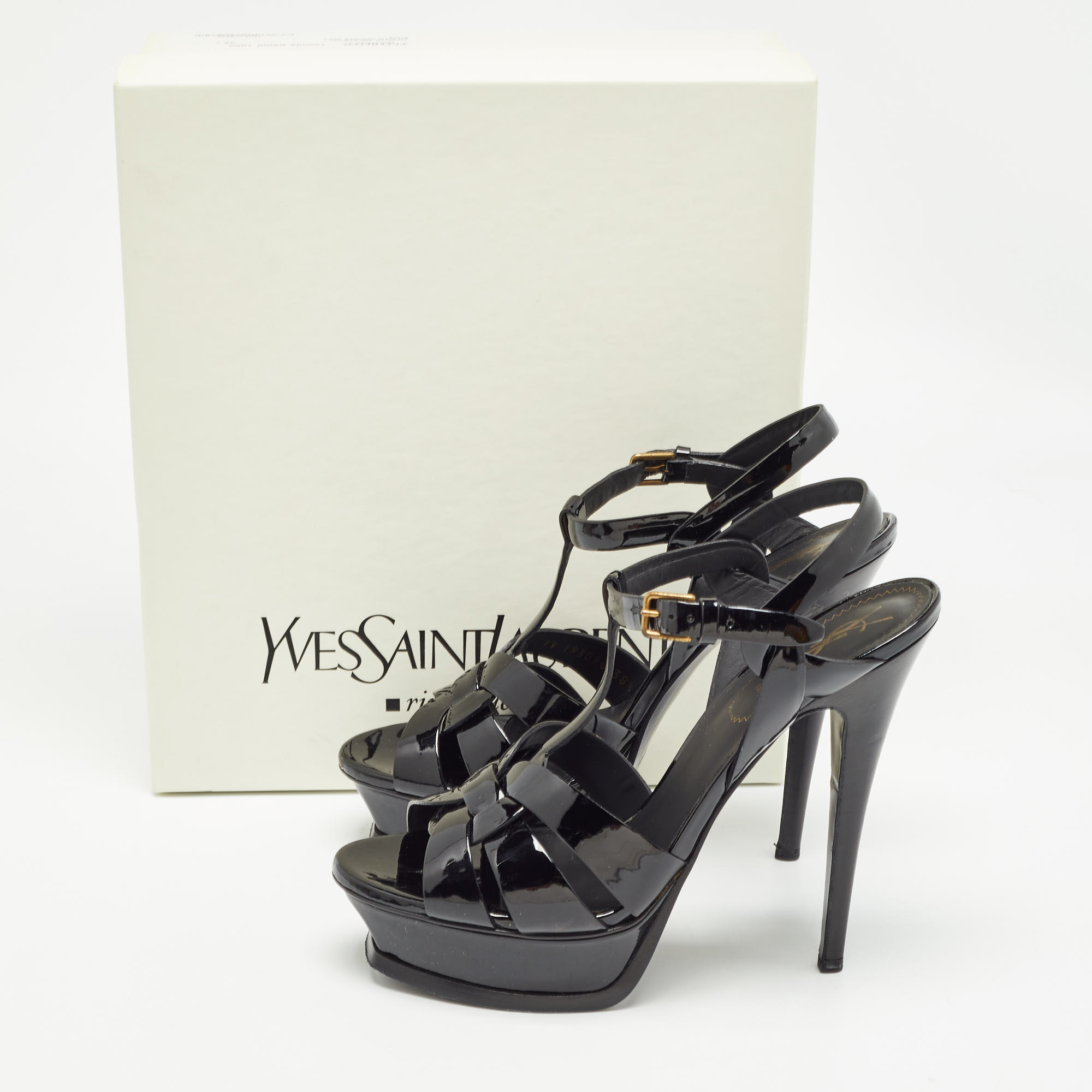 Saint Laurent Black Patent Leather Tribute Ankle Strap Sandals Size 38.5