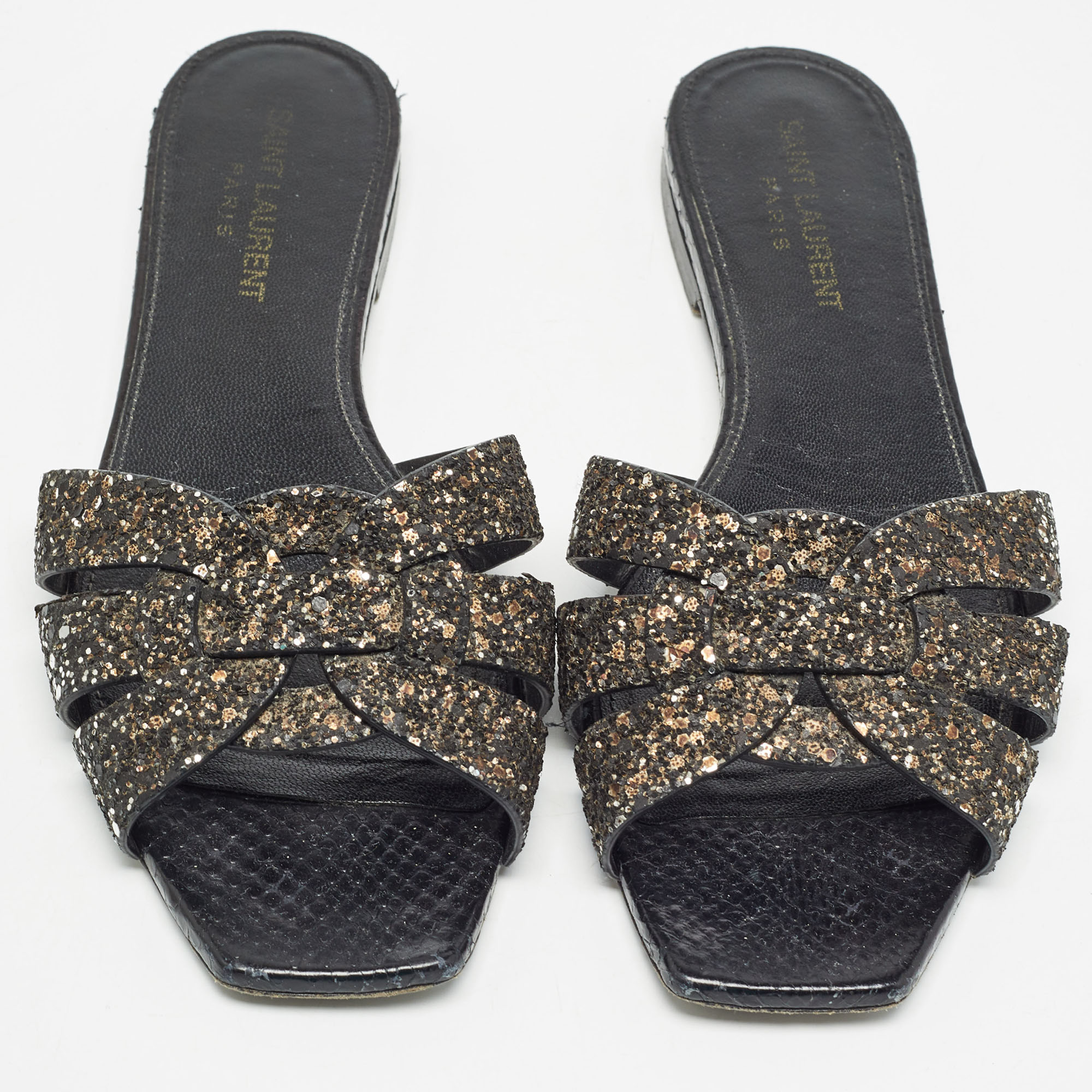 Saint Laurent Black Coarse Glitter Tribute Flat Slides Size 37