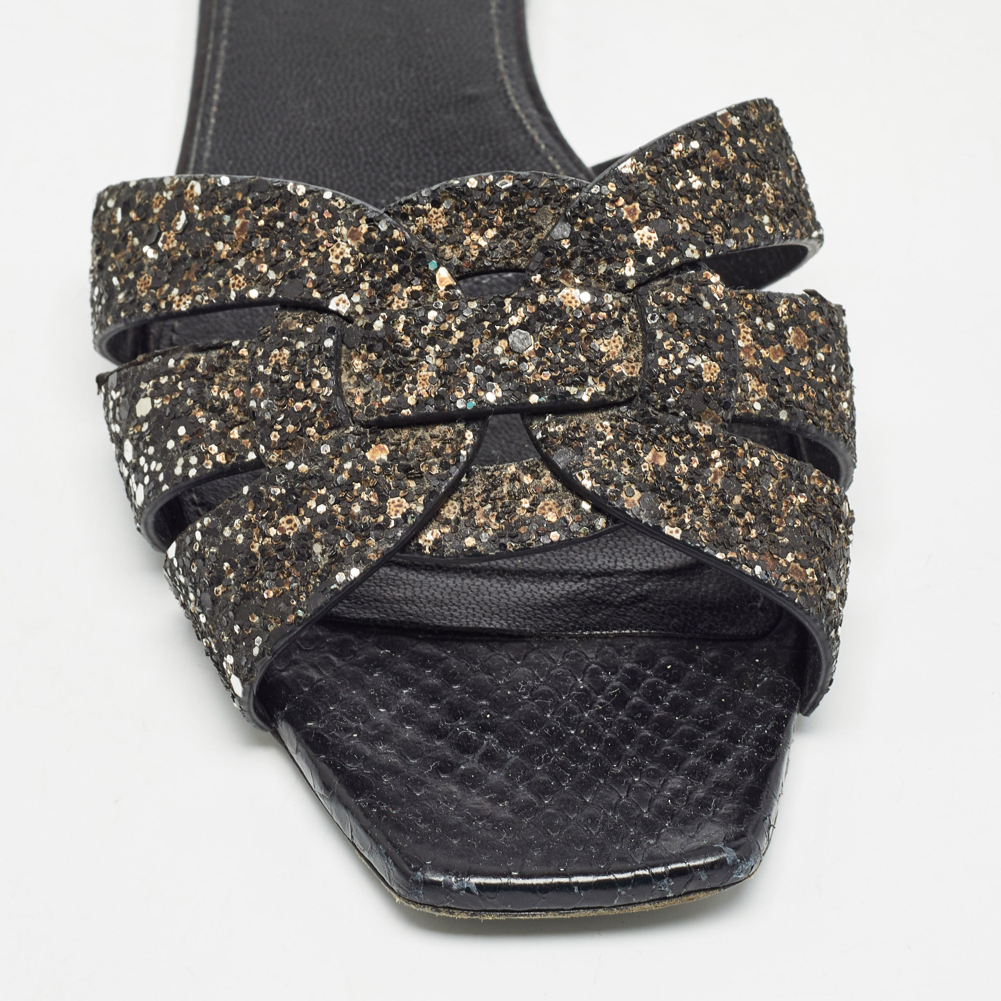 Saint Laurent Black Coarse Glitter Tribute Flat Slides Size 37