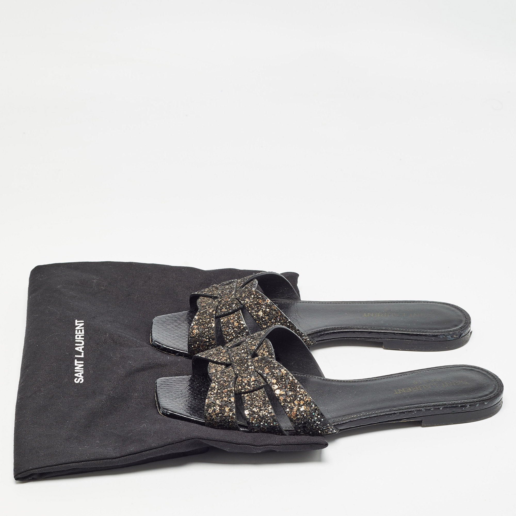 Saint Laurent Black Coarse Glitter Tribute Flat Slides Size 37