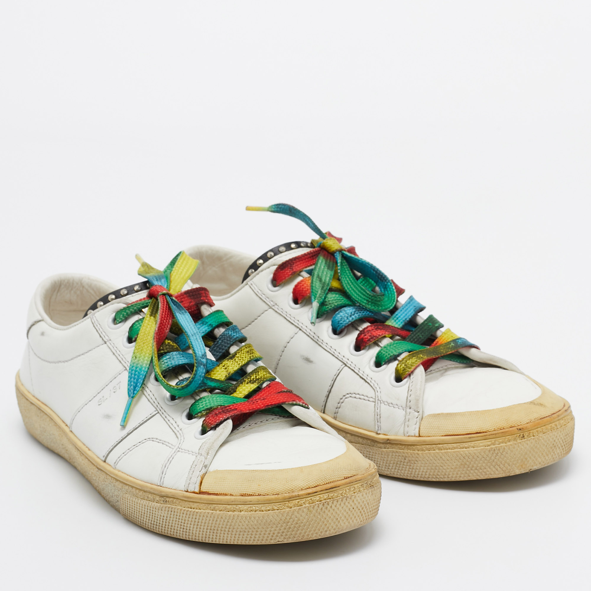 Saint Laurent White Leather Lace Up Sneakers Size 37.5