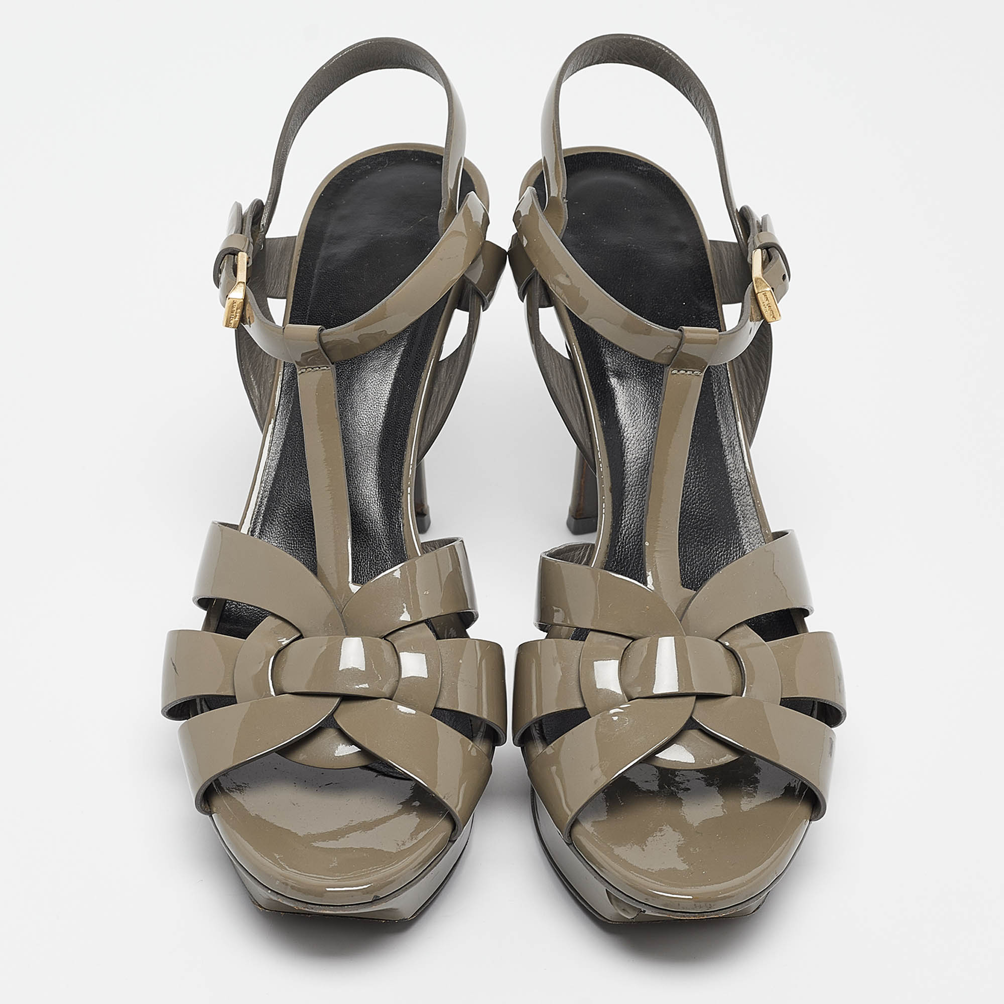 Saint Laurent Grey Patent Leather Tribute Sandals Size 39.5