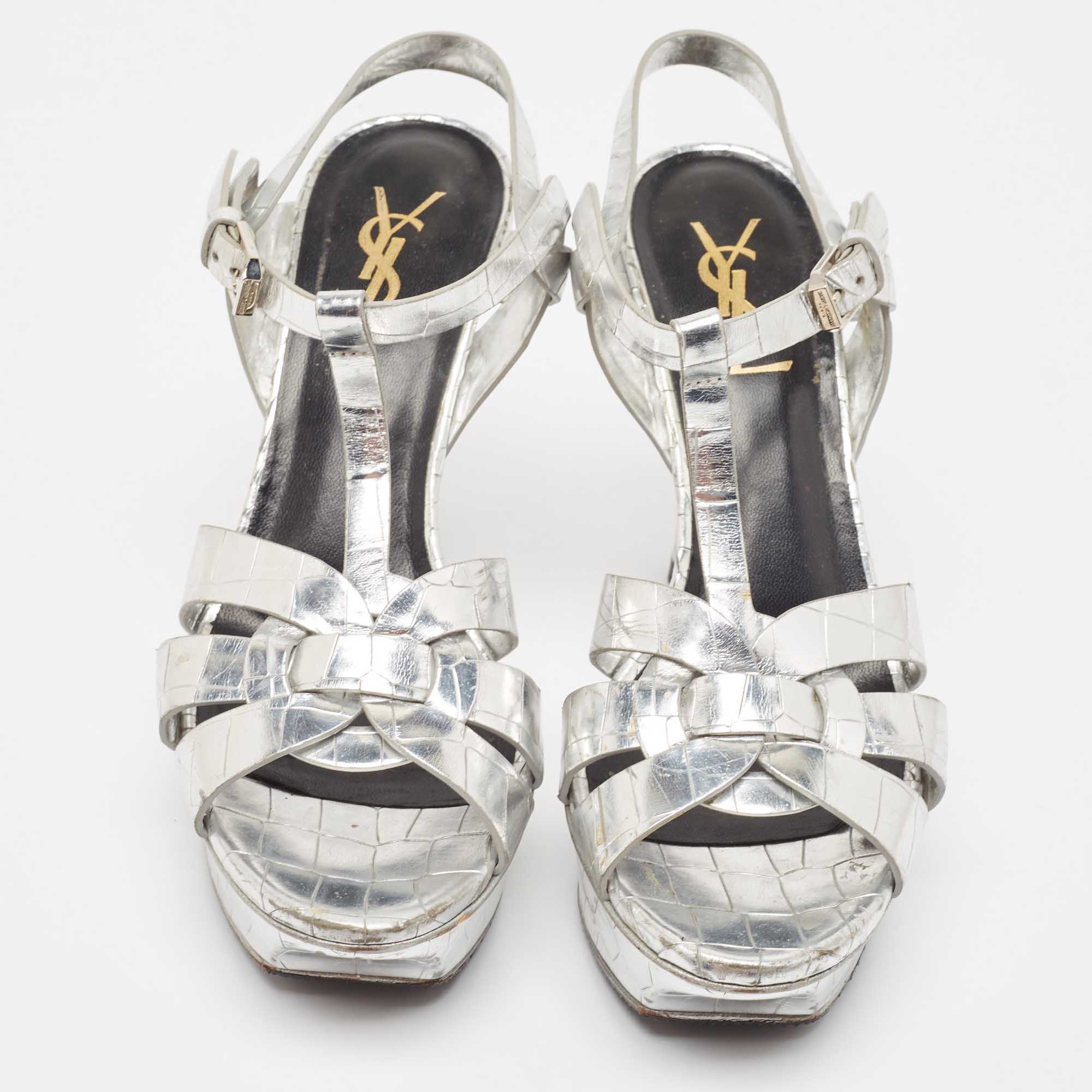 Saint Laurent Silver Croc Embossed Leather Tribute  Sandals Size 37.5