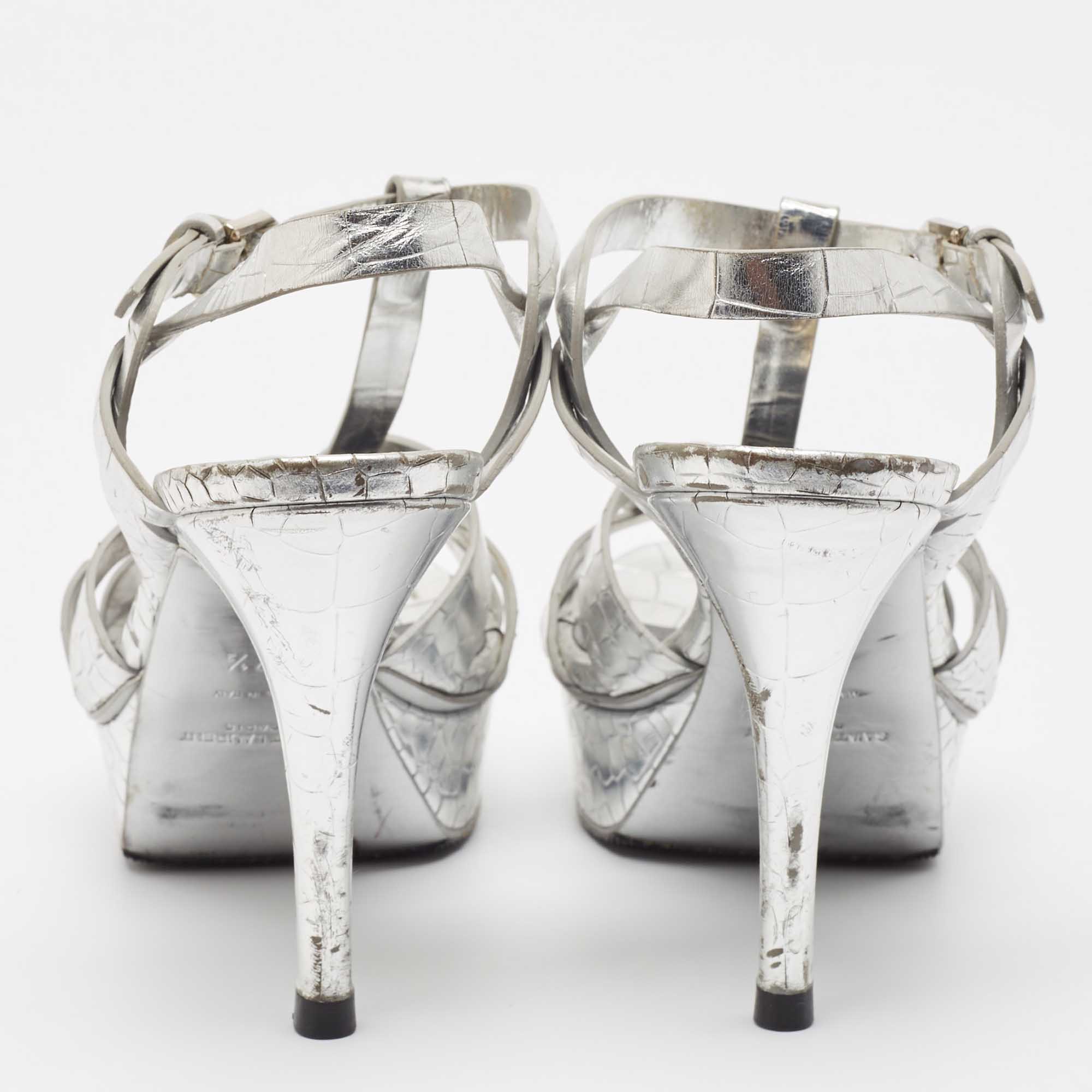 Saint Laurent Silver Croc Embossed Leather Tribute  Sandals Size 37.5