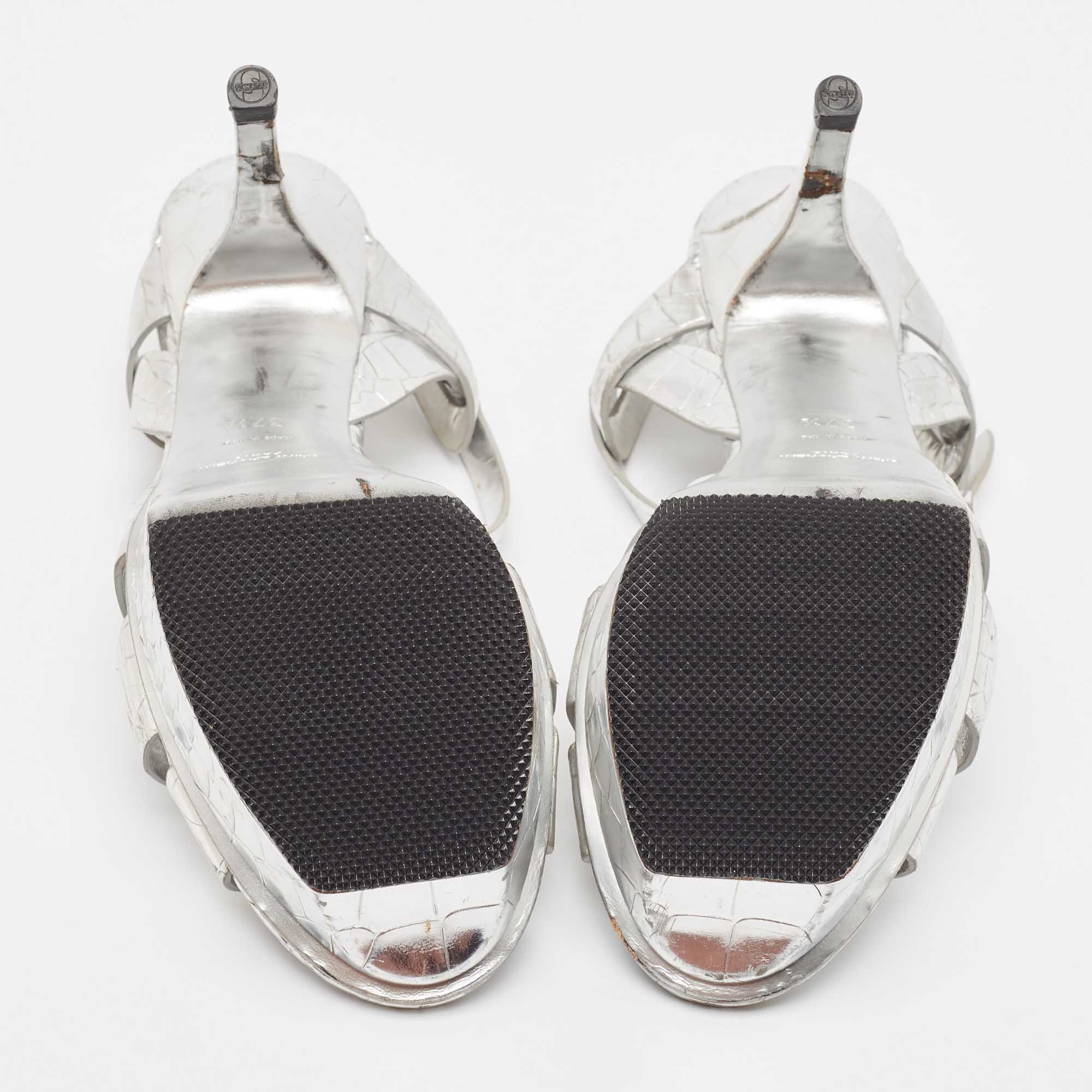 Saint Laurent Silver Croc Embossed Leather Tribute  Sandals Size 37.5