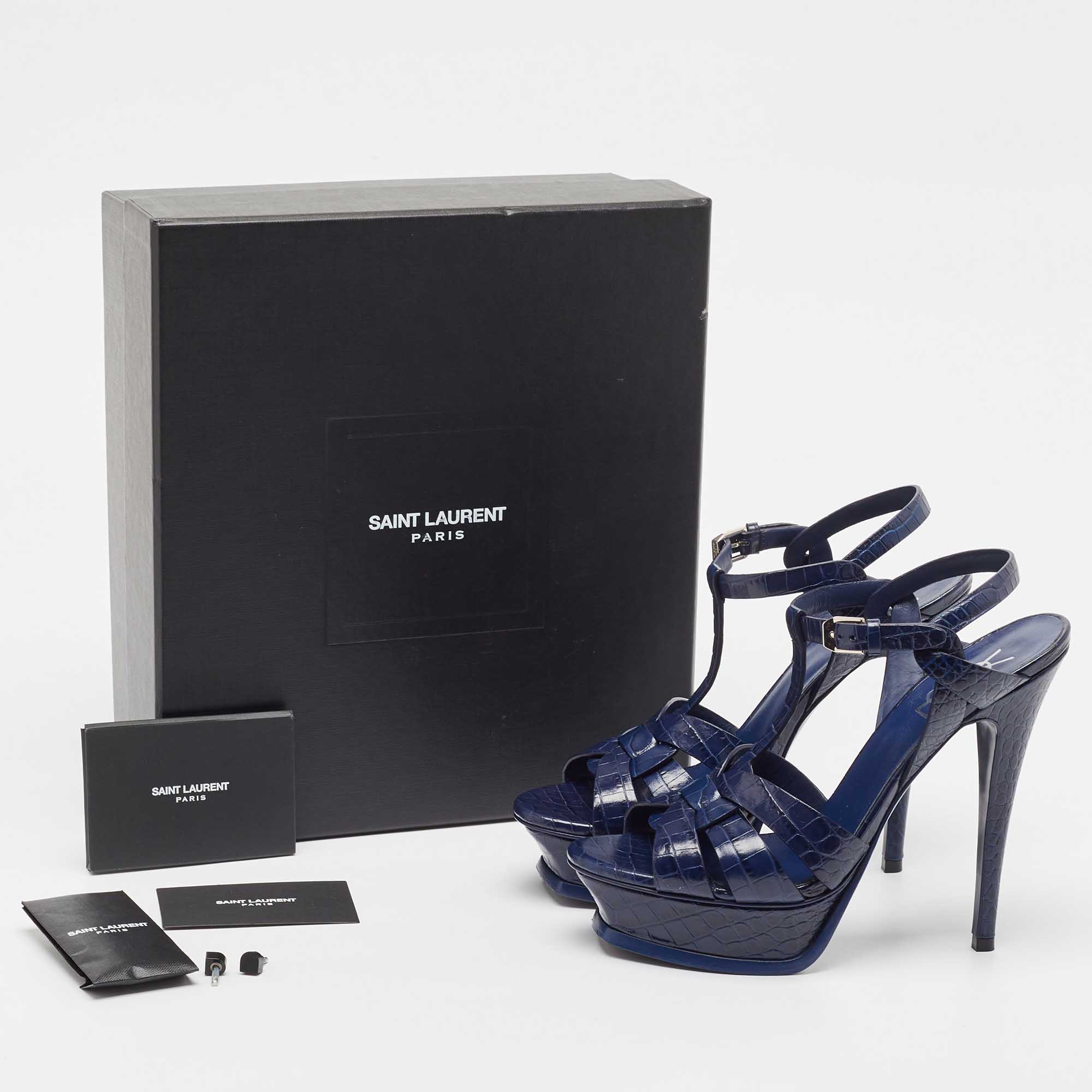 Saint Laurent Paris Navy Blue Croc Embossed Leather Tribute Platform Ankle Strap Sandals Size 38.5