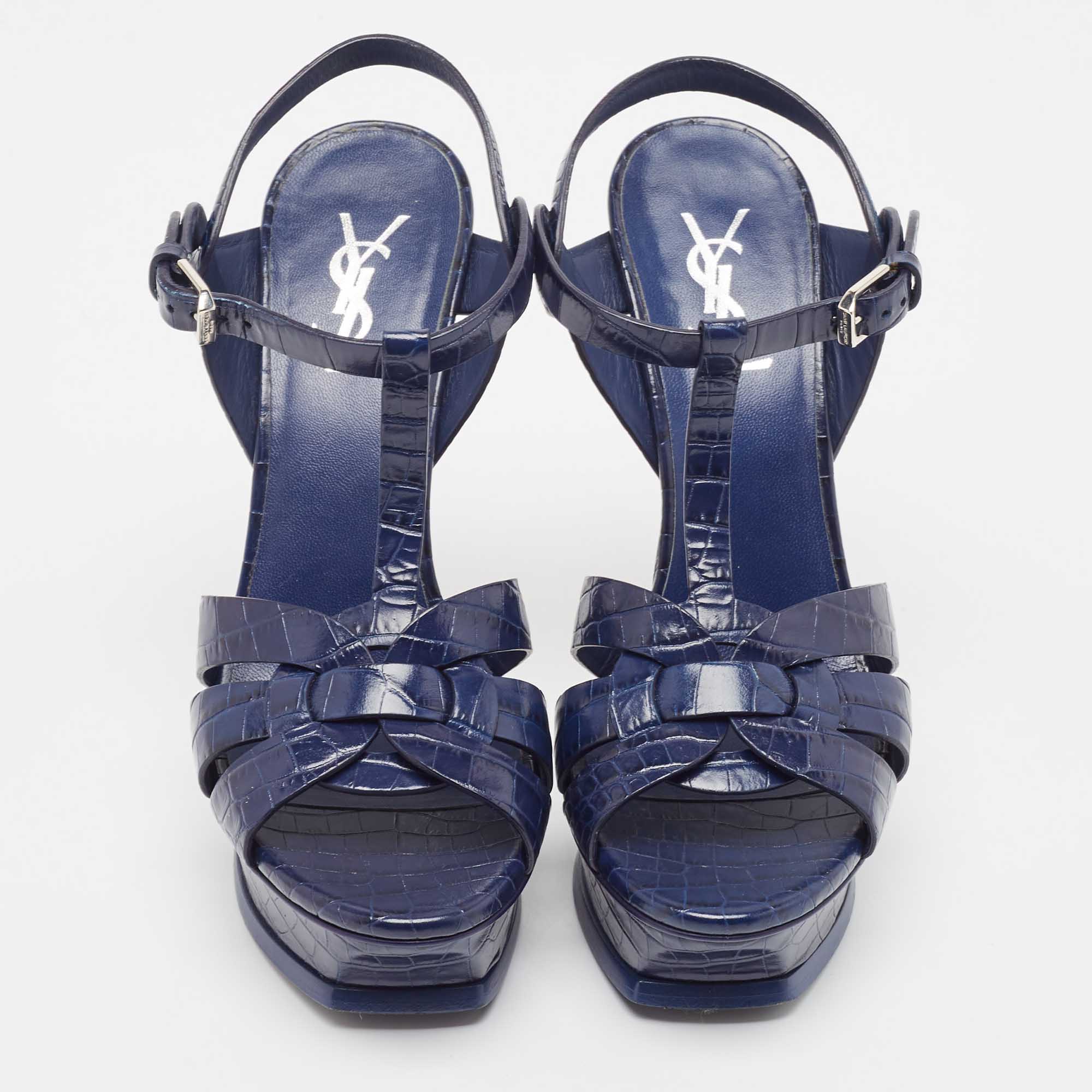 Saint Laurent Paris Navy Blue Croc Embossed Leather Tribute Platform Ankle Strap Sandals Size 38.5