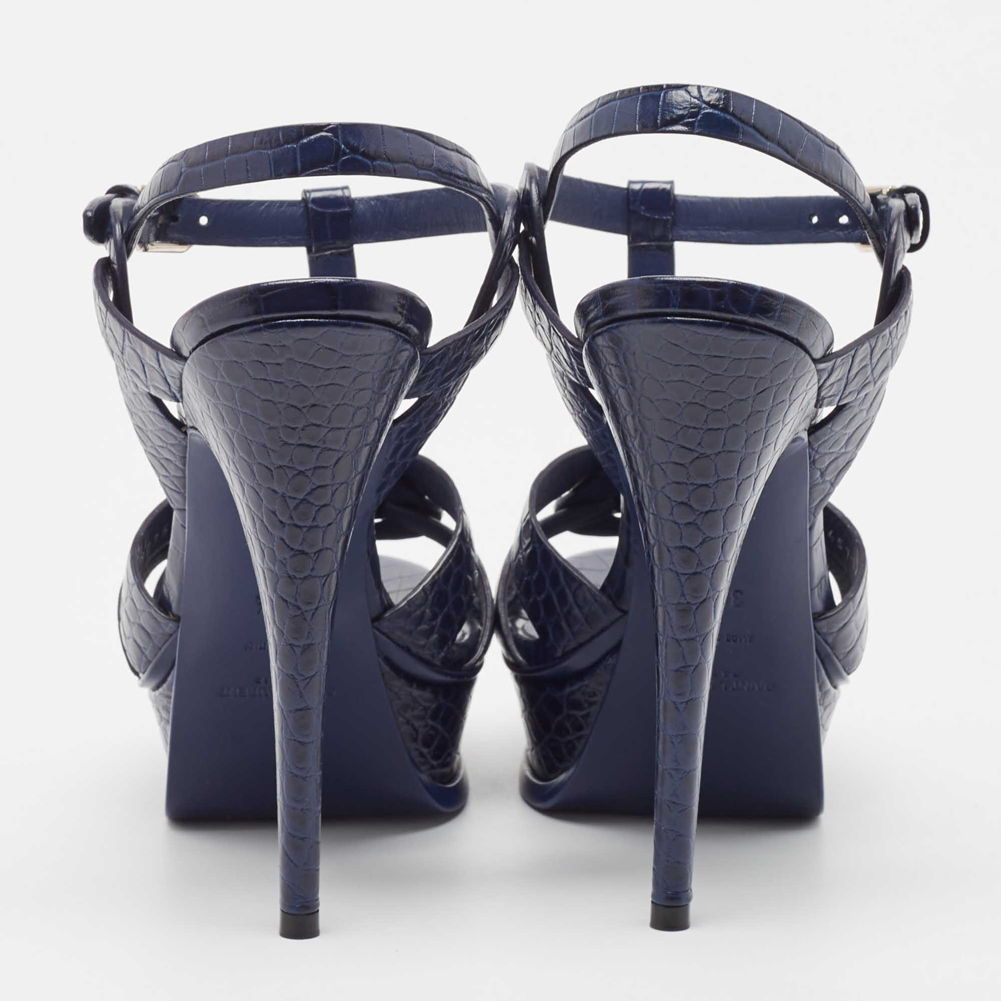 Saint Laurent Paris Navy Blue Croc Embossed Leather Tribute Platform Ankle Strap Sandals Size 38.5