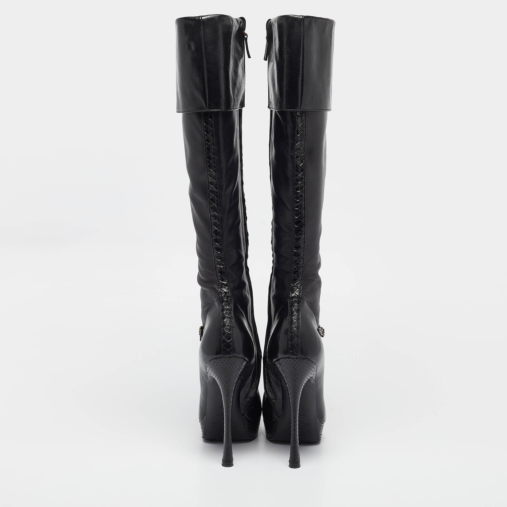 Saint Laurent Black Python And Leather Knee Length Boots Size 39