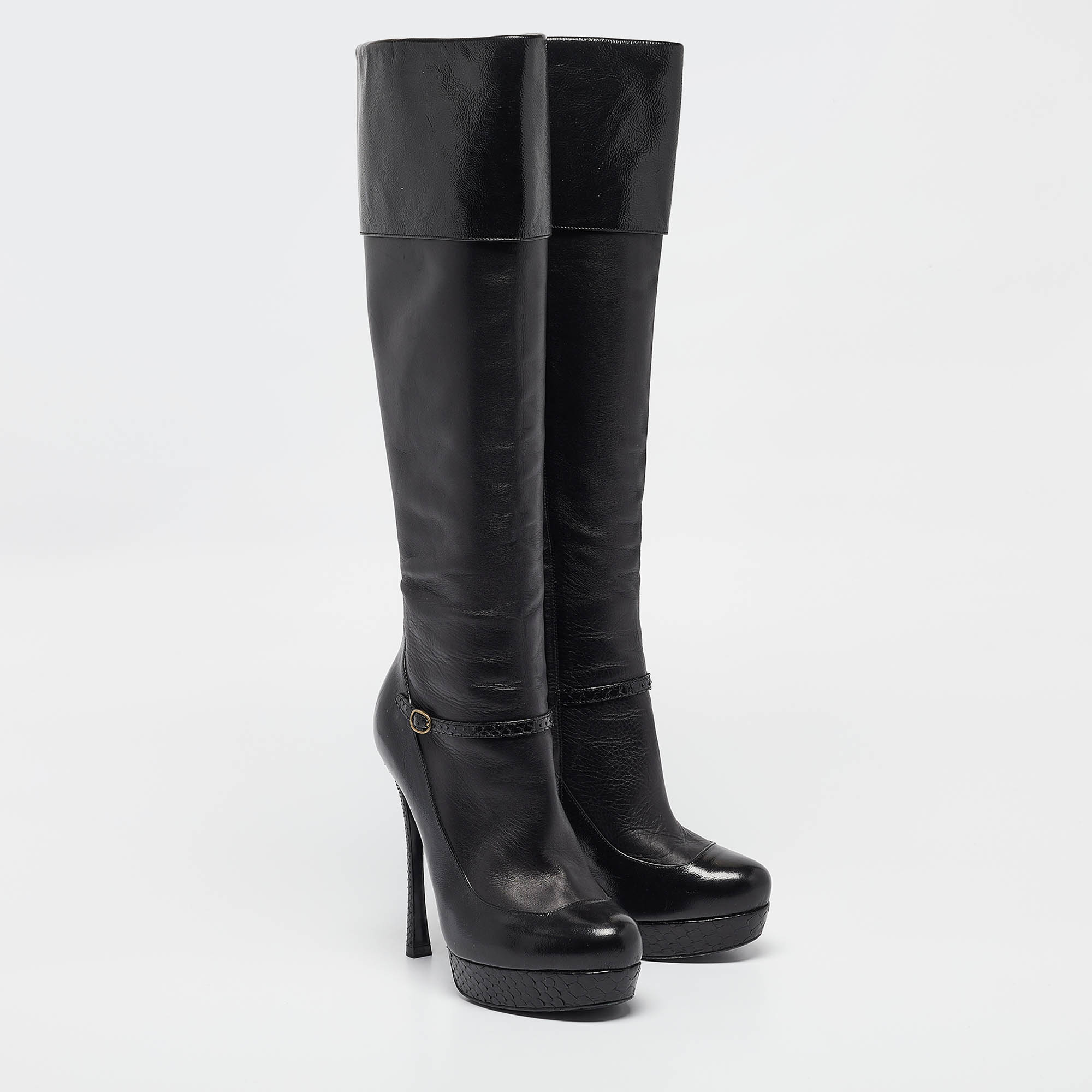 Saint Laurent Black Python And Leather Knee Length Boots Size 39