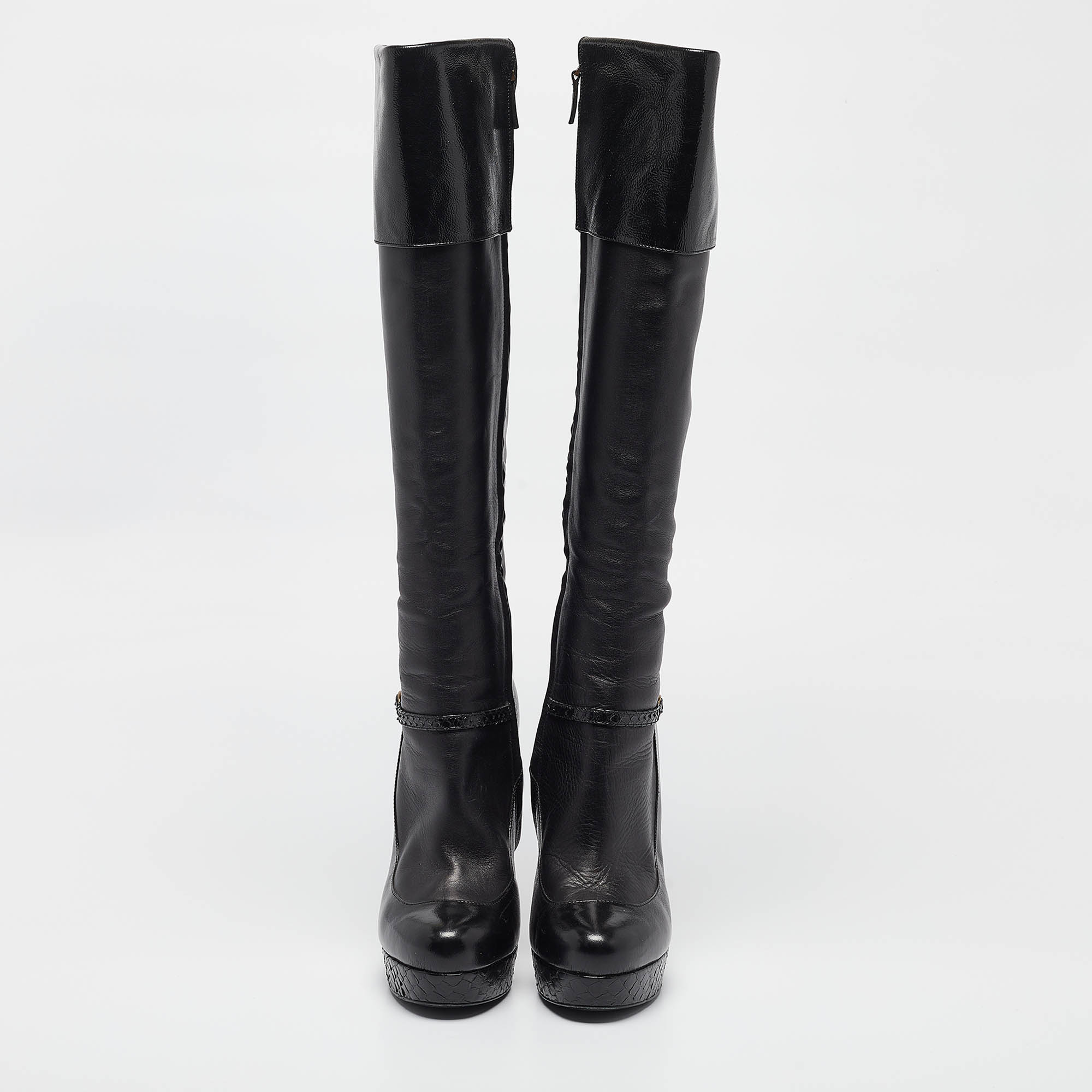 Saint Laurent Black Python And Leather Knee Length Boots Size 39