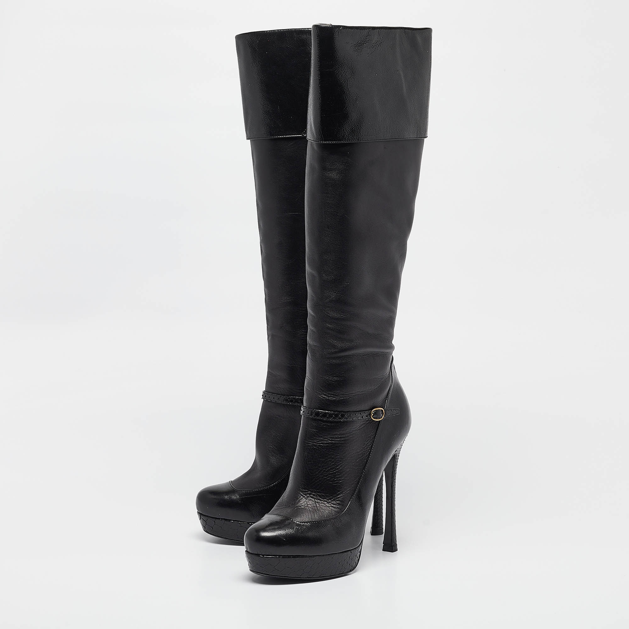 Saint Laurent Black Python And Leather Knee Length Boots Size 39