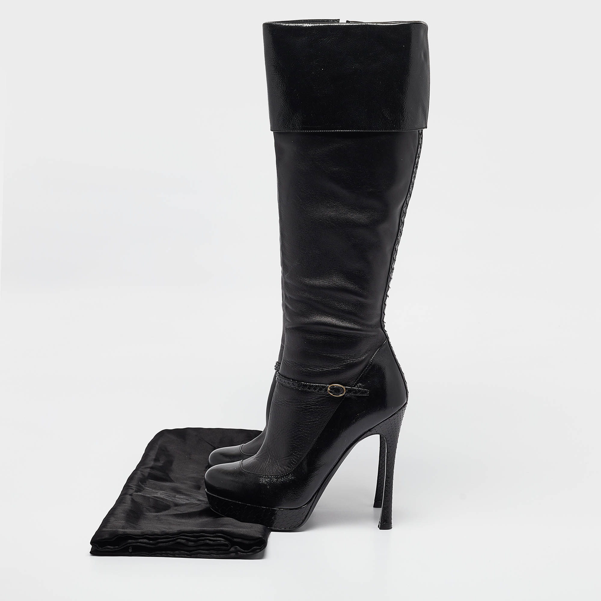 Saint Laurent Black Python And Leather Knee Length Boots Size 39