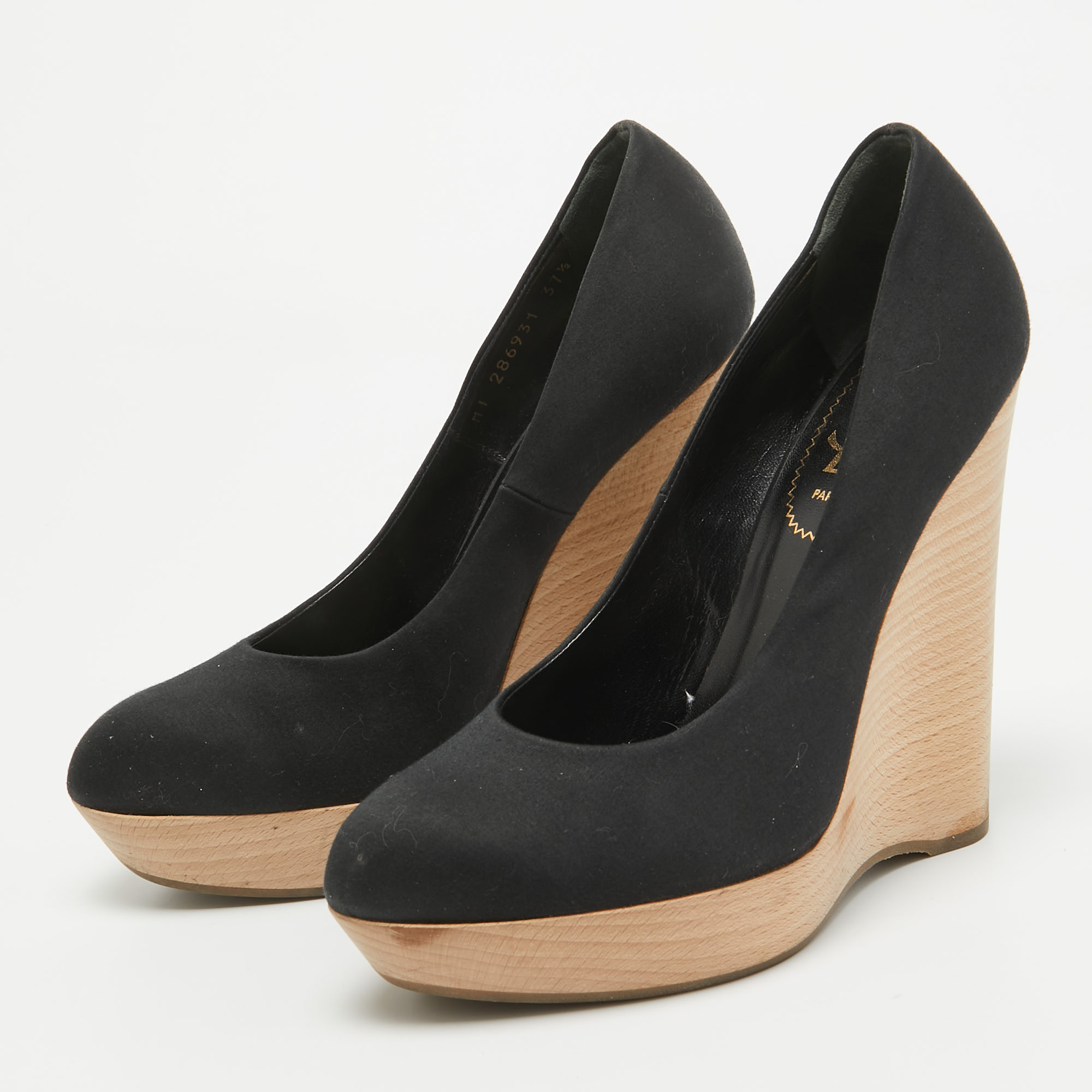 Saint Laurent Black Satin Maryna Wedge Pumps Size 37.5