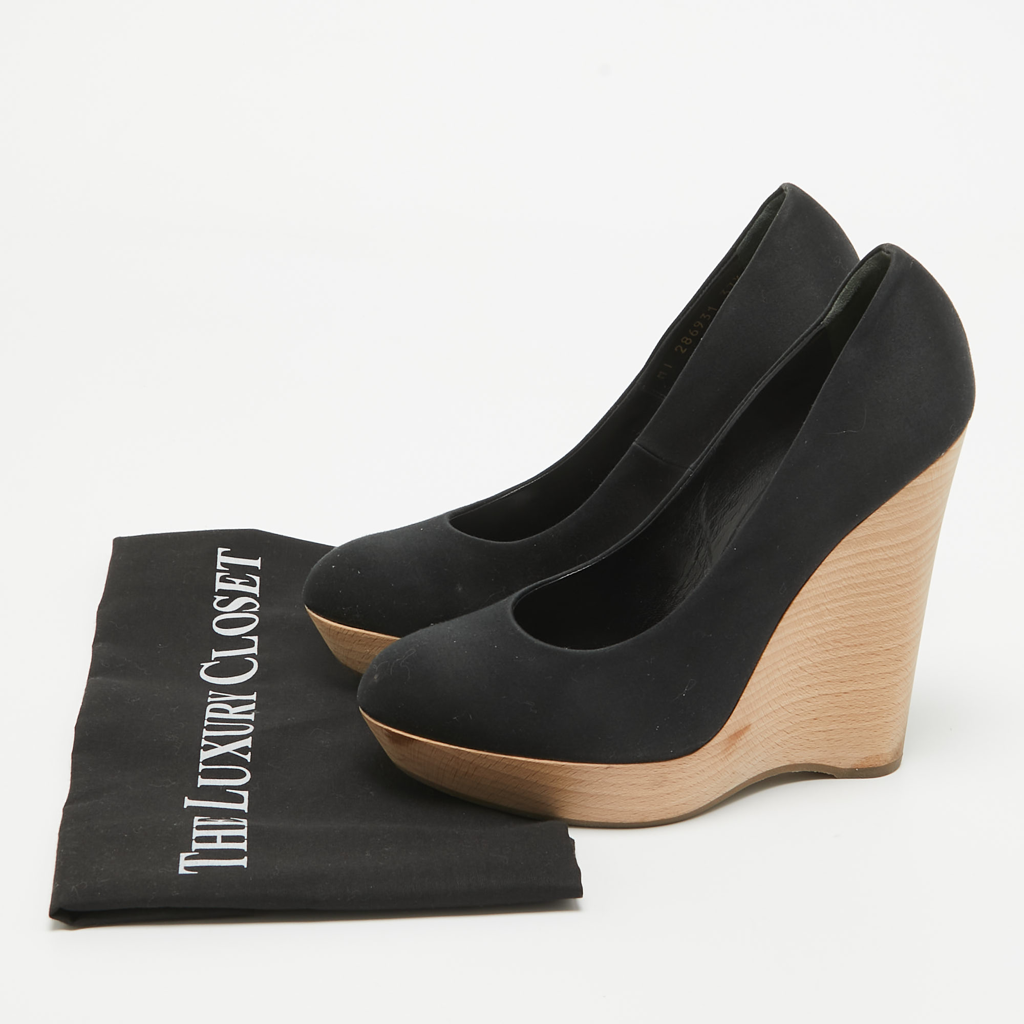 Saint Laurent Black Satin Maryna Wedge Pumps Size 37.5