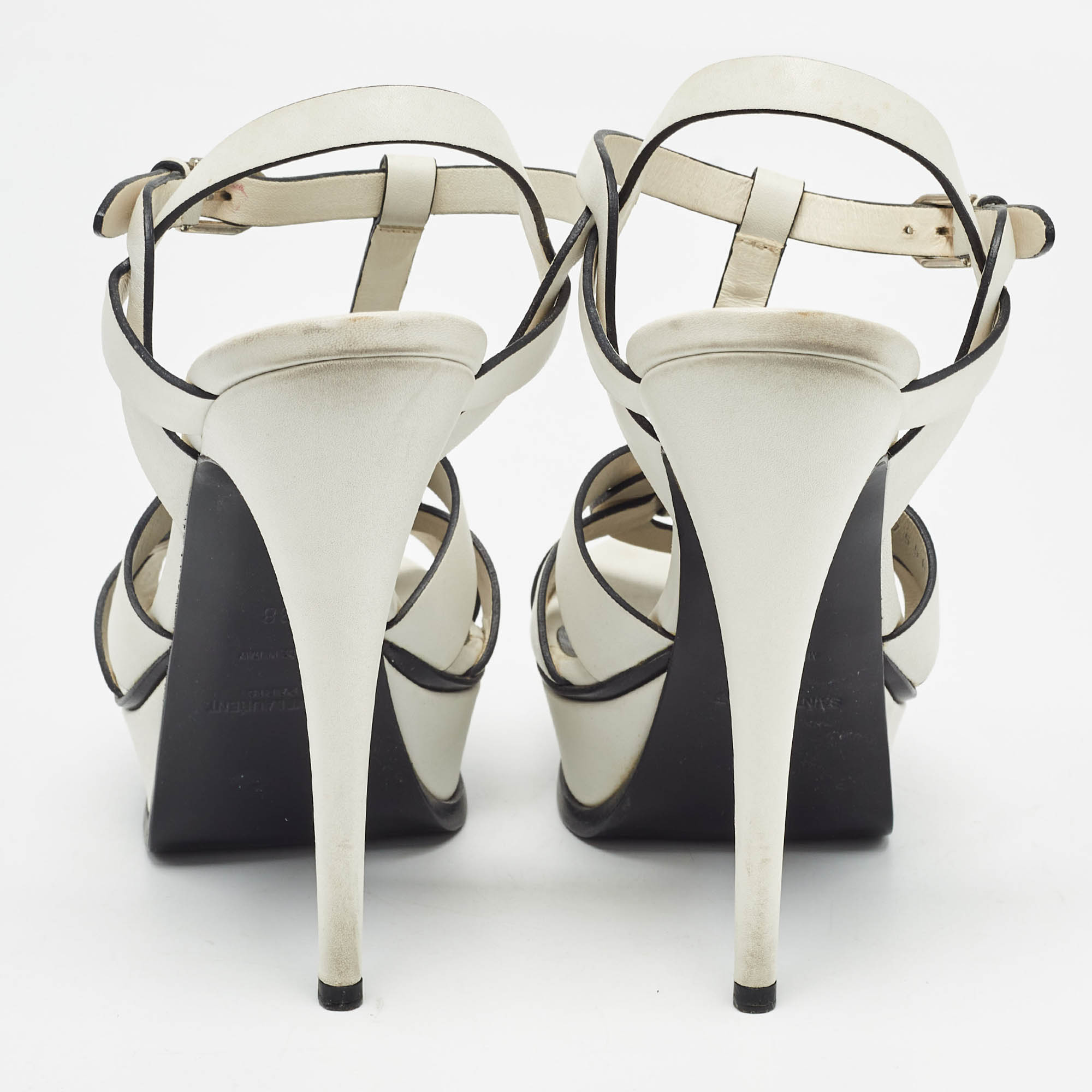 Saint Laurent White/Black Leather Tribute Ankle Strap Sandals Size 38