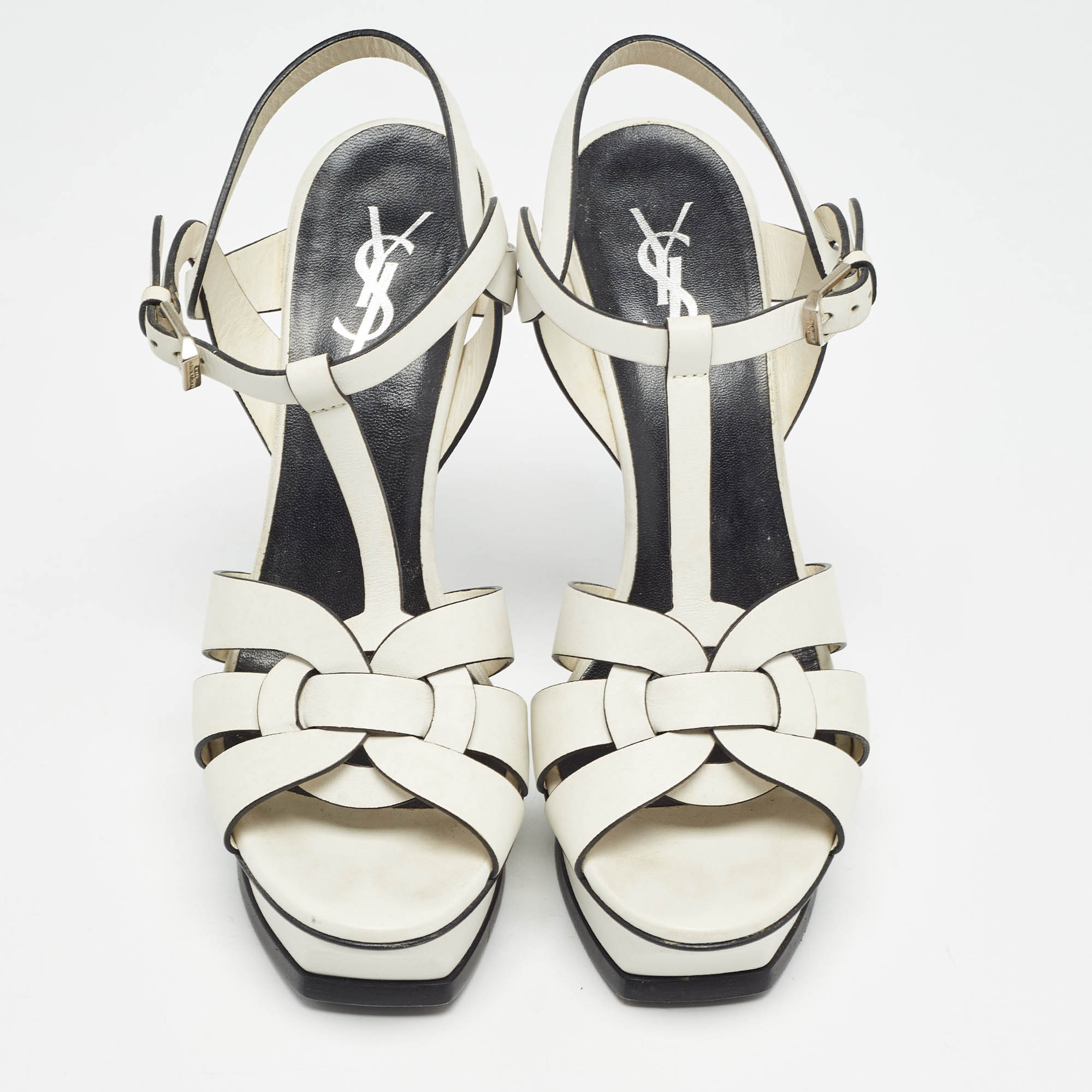 Saint Laurent White/Black Leather Tribute Ankle Strap Sandals Size 38