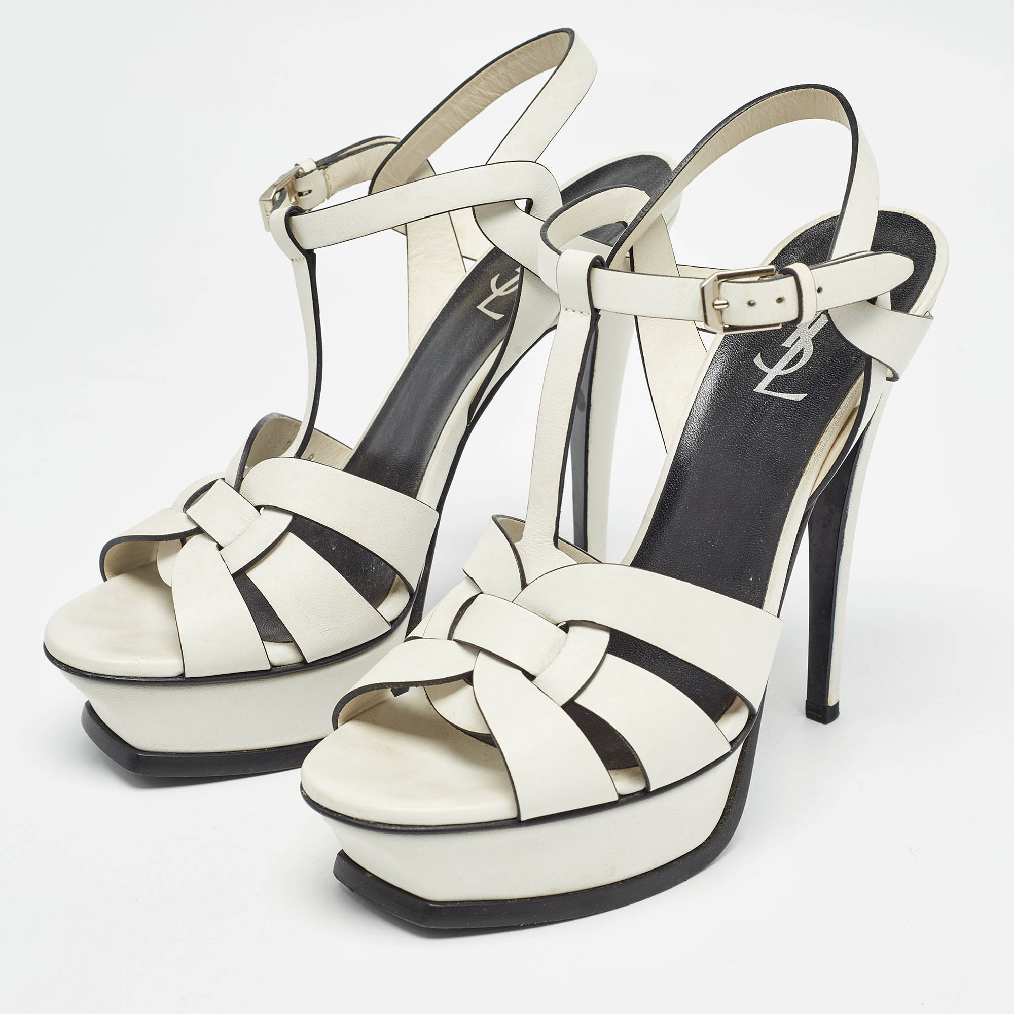 Saint Laurent White/Black Leather Tribute Ankle Strap Sandals Size 38