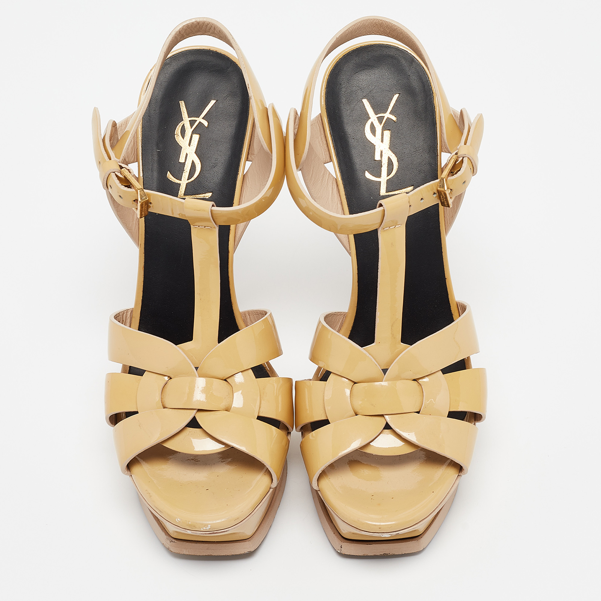 Saint Laurent Beige Patent Tribute Ankle Strap Sandals Size 37