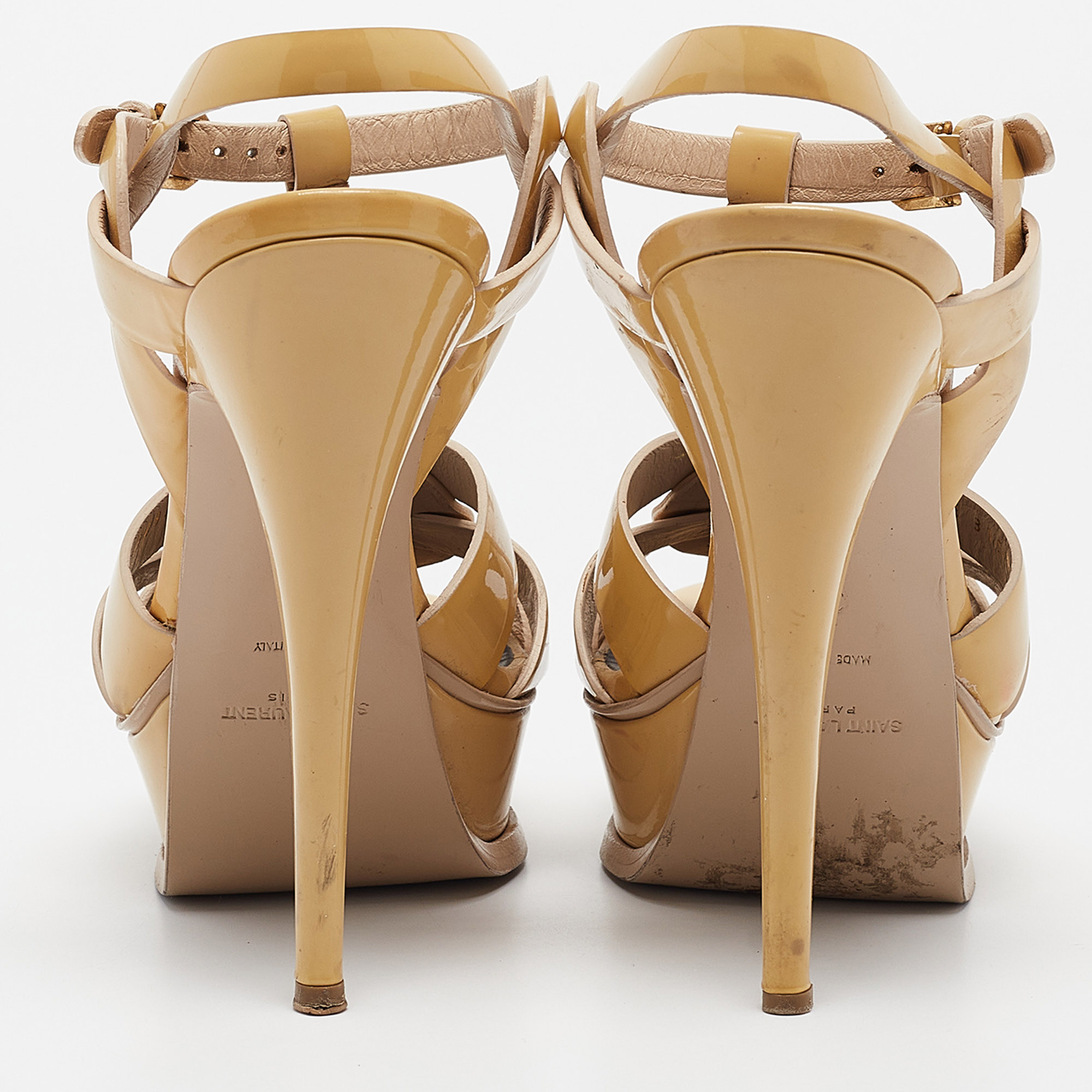 Saint Laurent Beige Patent Tribute Ankle Strap Sandals Size 37