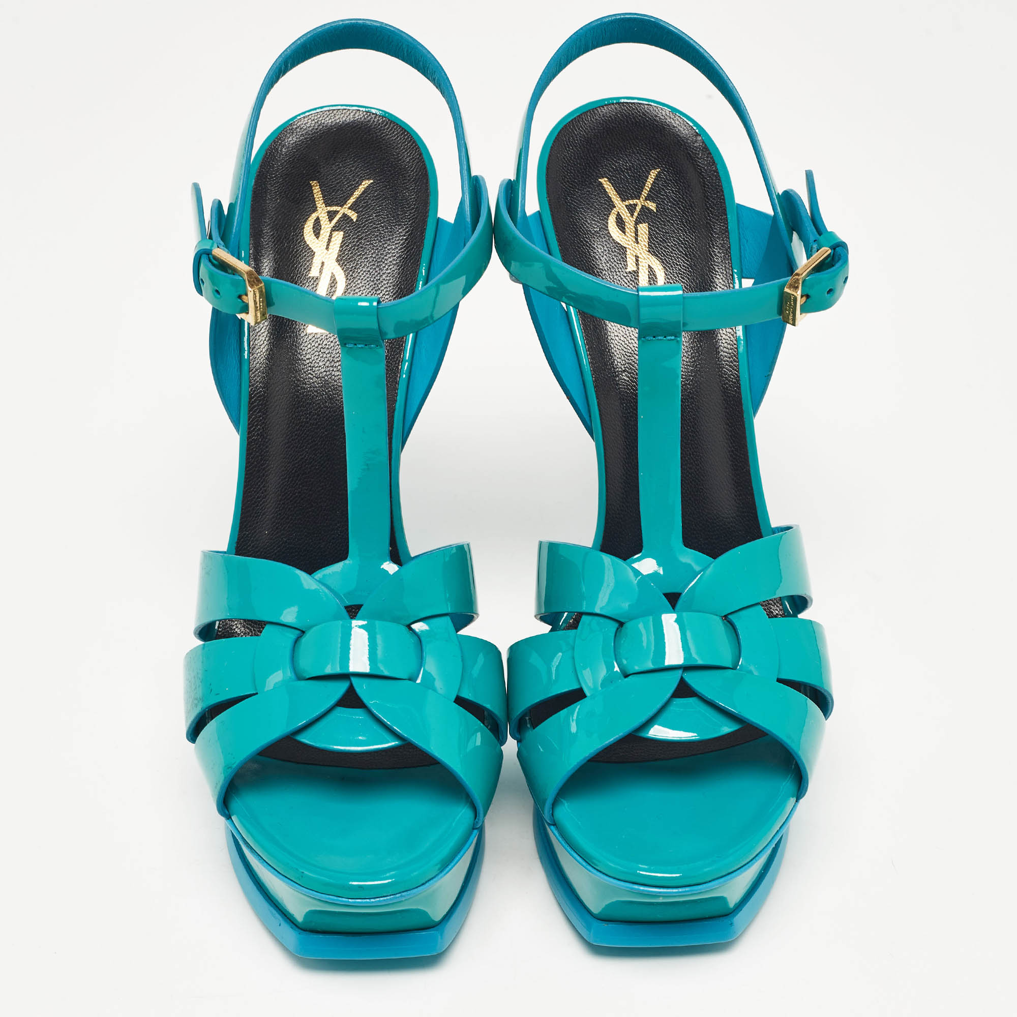 Saint Laurent Green Patent Leather Tribute Platform Sandals 39