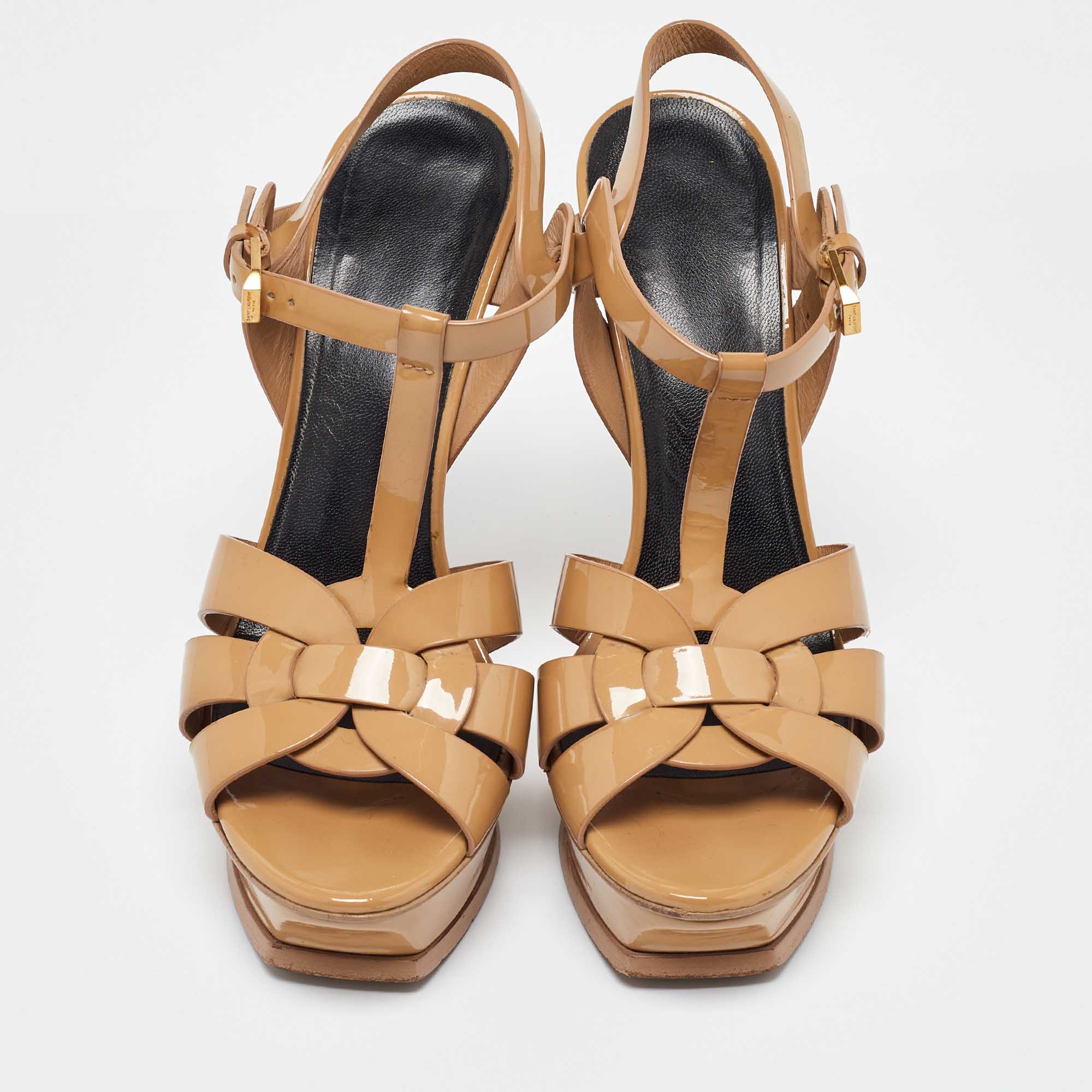 Saint Laurent Beige Patent Leather Tribute Sandals Size 39