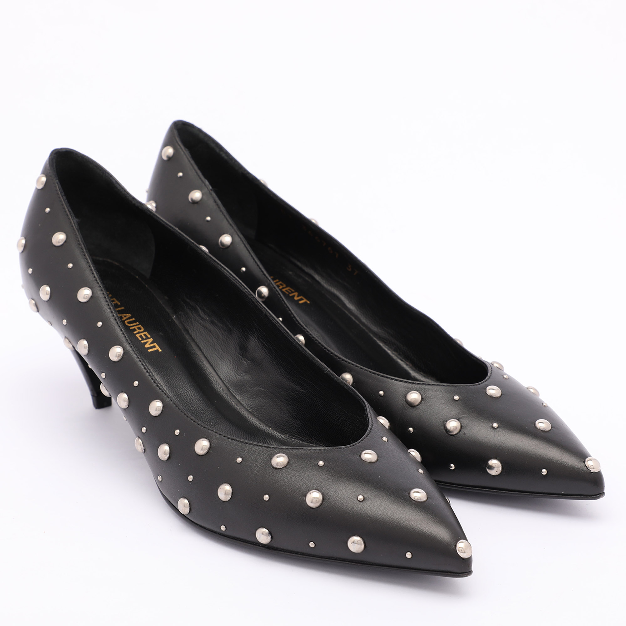 Saint Laurent Black Leather Embellished Pointed Toe Pumps Size 37