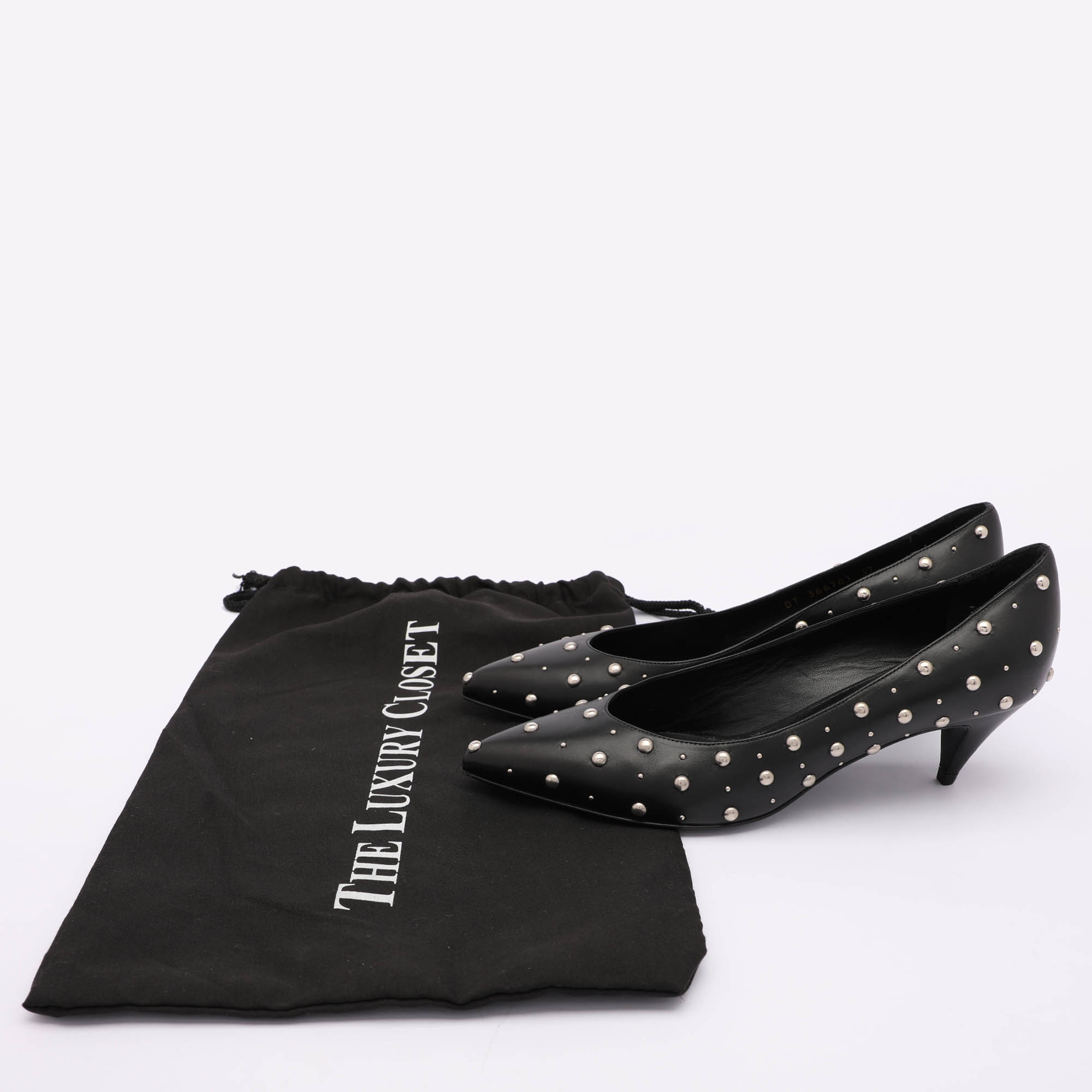 Saint Laurent Black Leather Embellished Pointed Toe Pumps Size 37