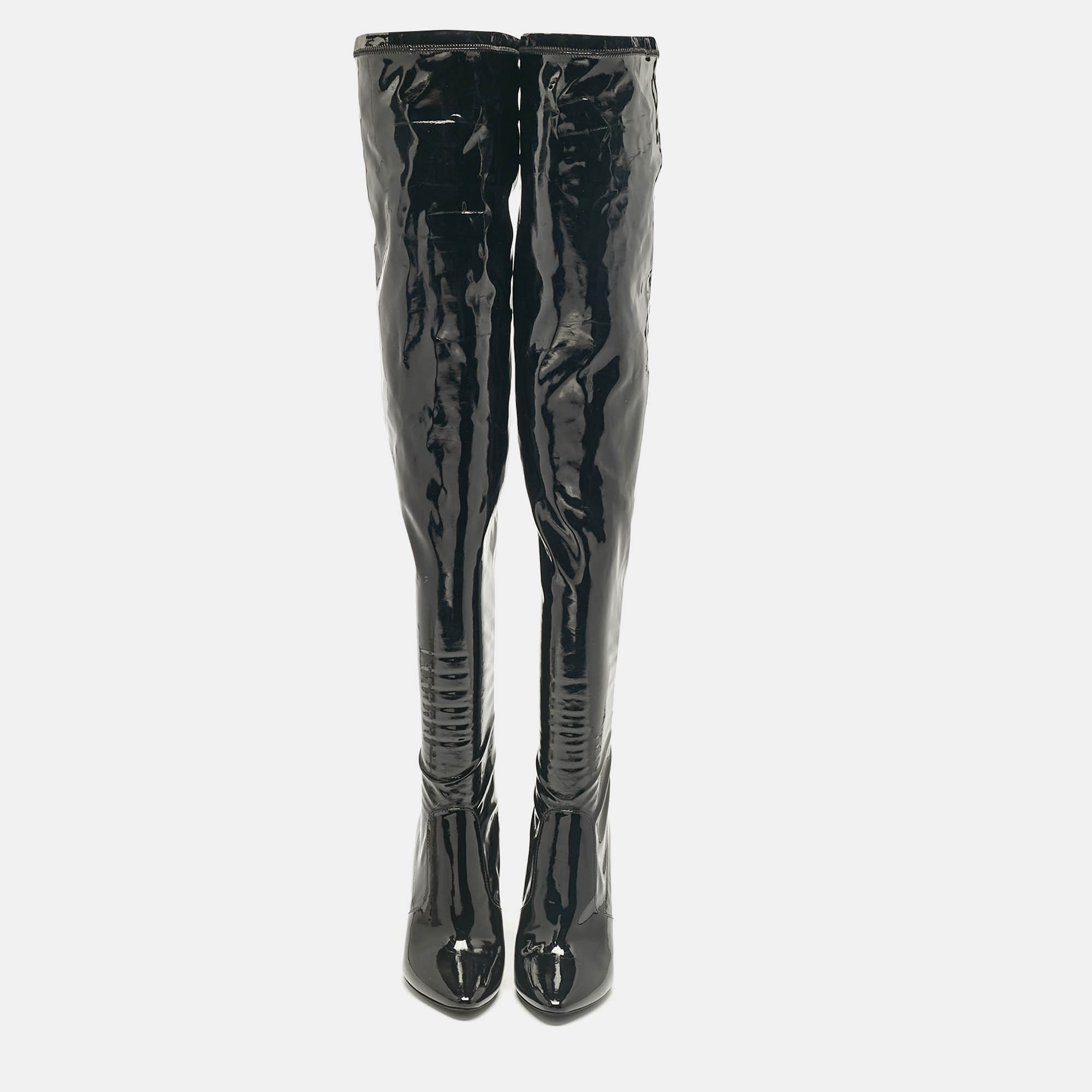 Saint Laurent Black Patent Leather Thigh High Boots Size 38