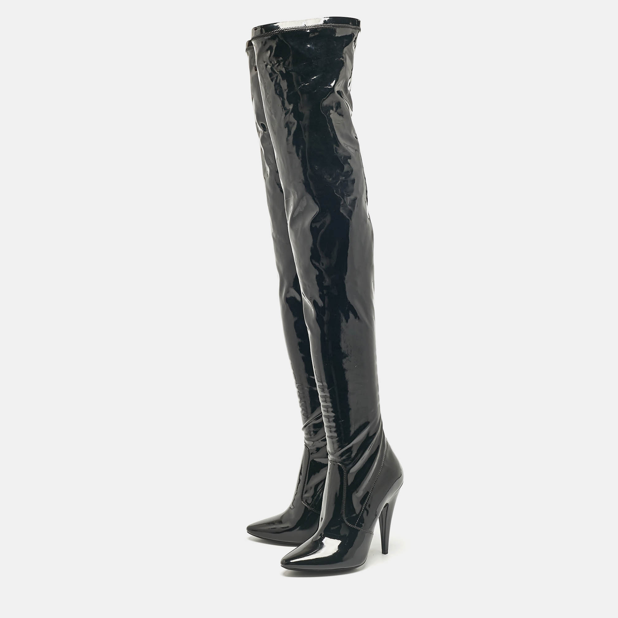 Saint Laurent Black Patent Leather Thigh High Boots Size 38