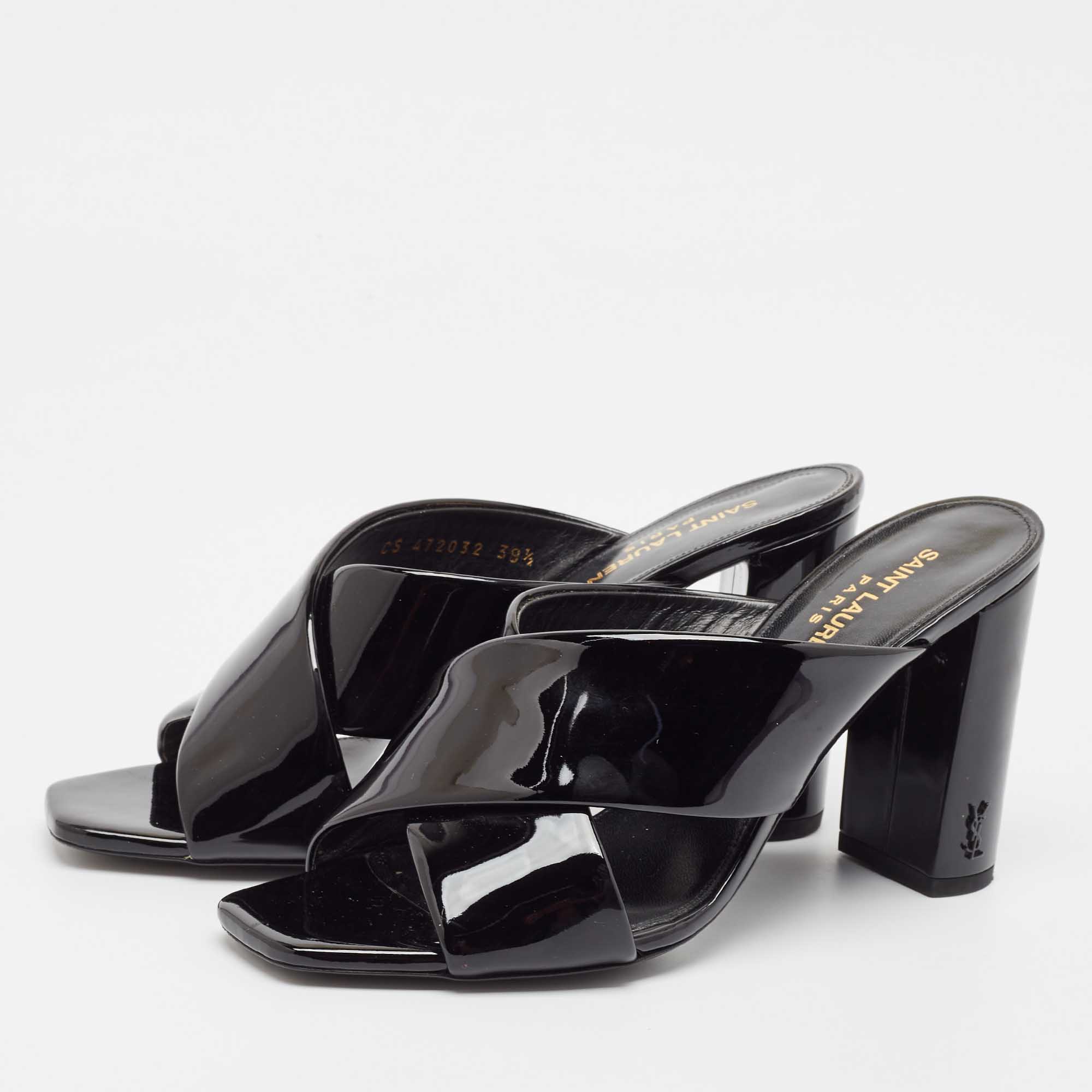 Saint Laurent Black Patent Leather Loulou Ankle Strap Sandals Size 38.5