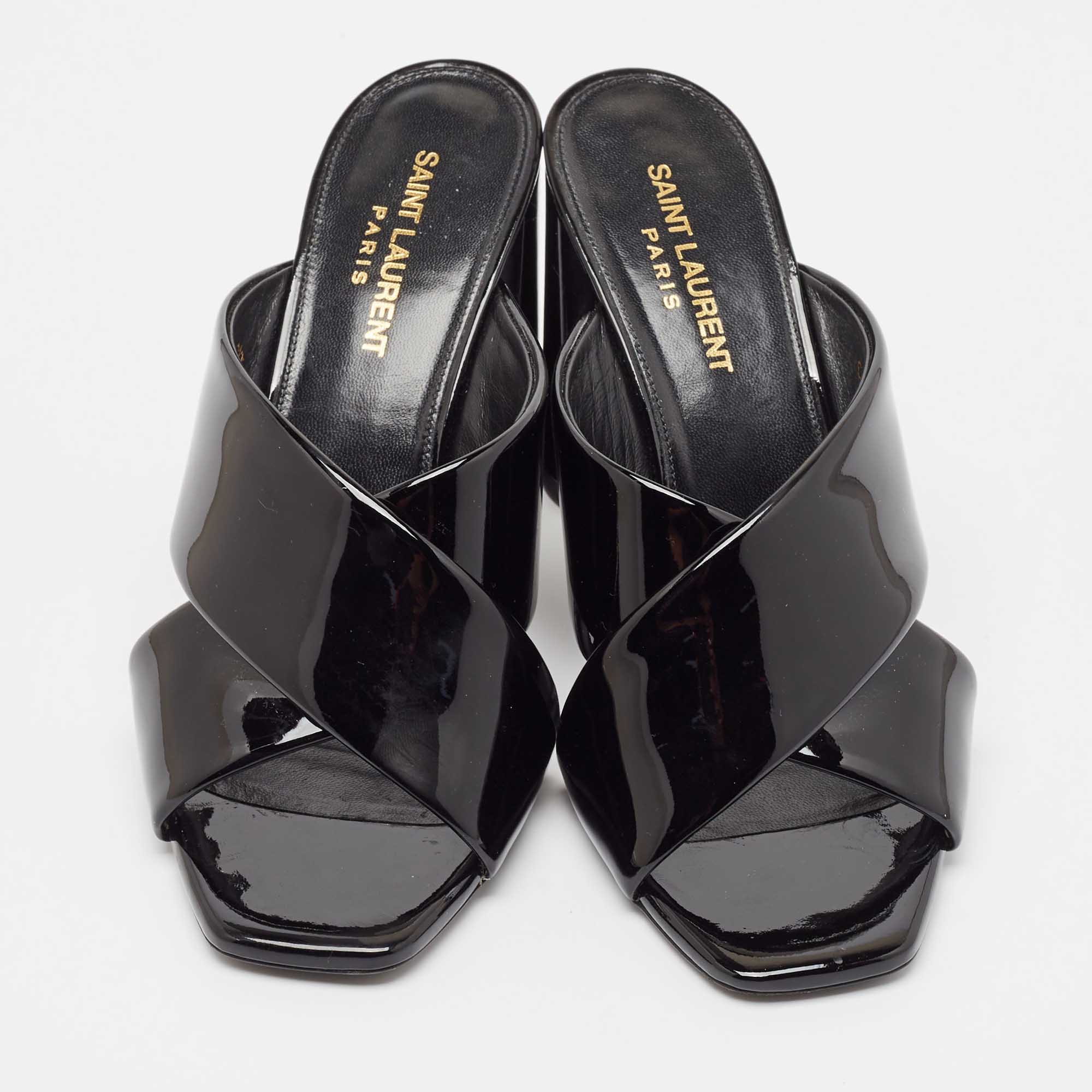 Saint Laurent Black Patent Leather Loulou Ankle Strap Sandals Size 38.5