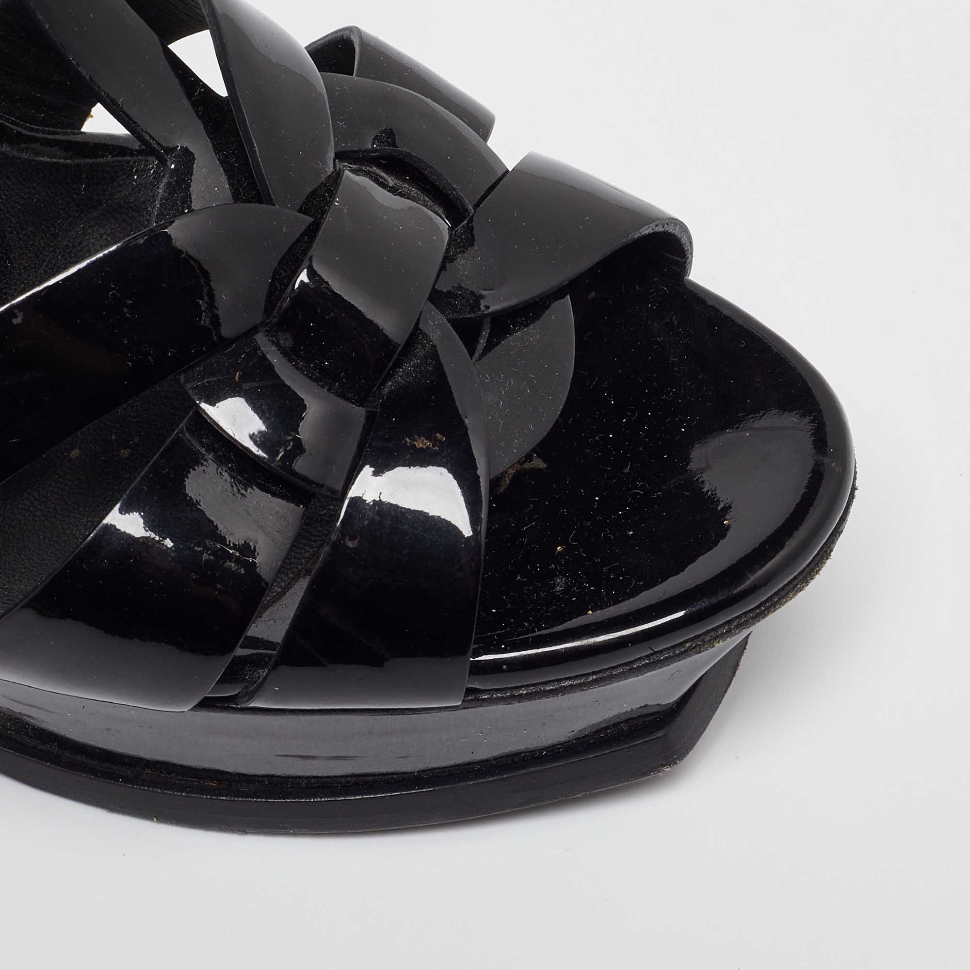 Saint Laurent Black Patent Leather Tribute Ankle Strap Sandals 38.5