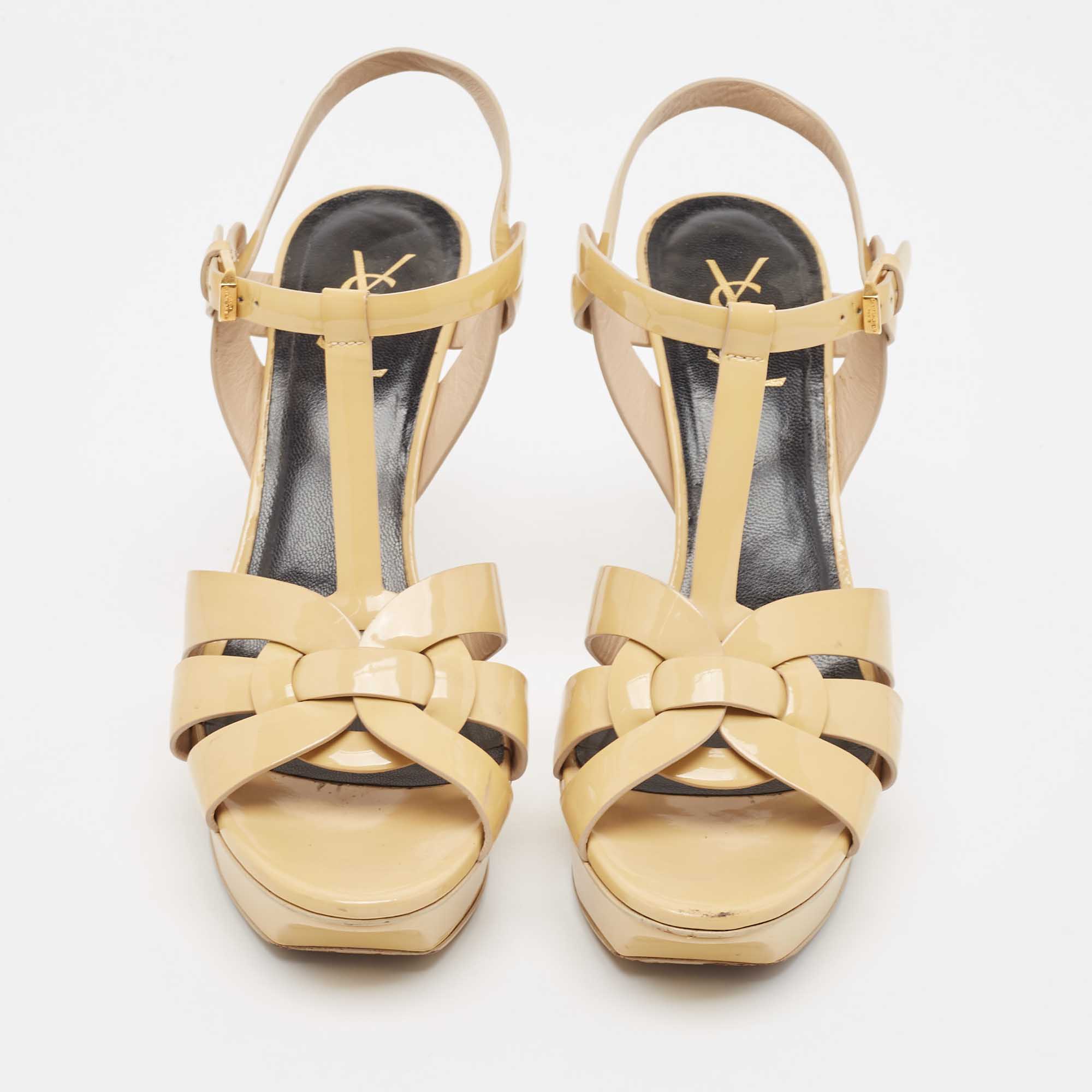 Saint Laurent Beige Patent Leather Tribute Sandals Size 40