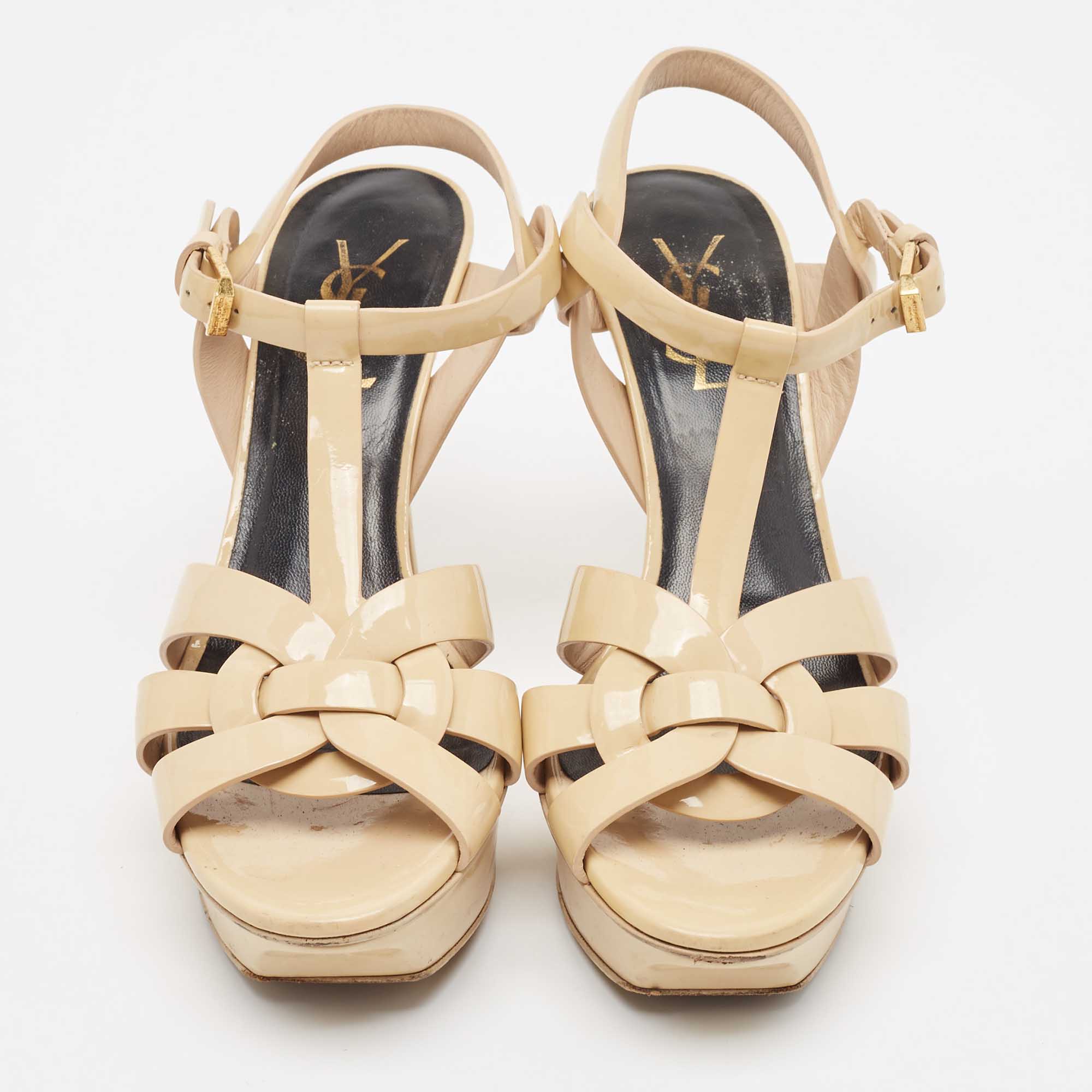 Saint Laurent Beige Patent Leather Tribute Sandals Size 36