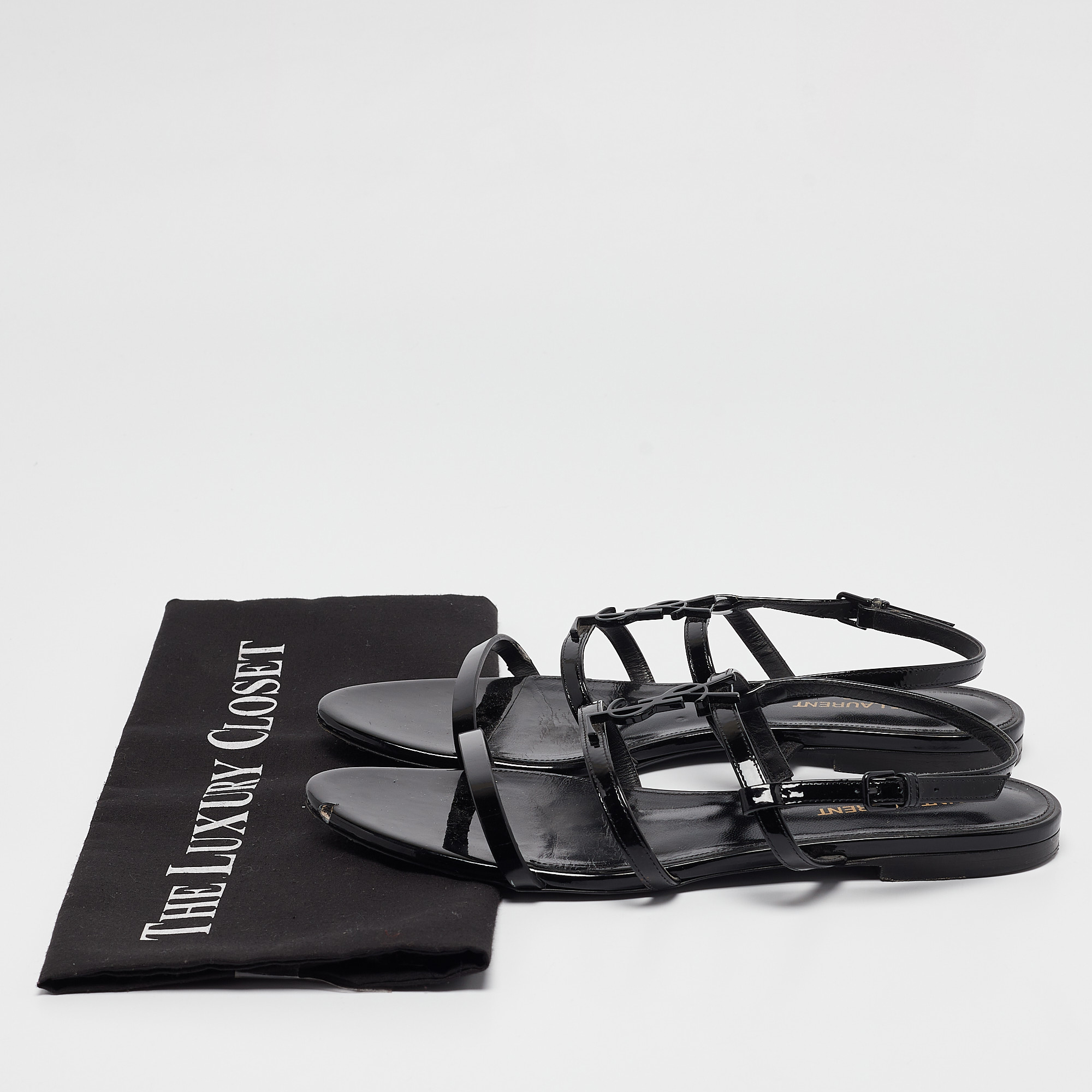 Saint Laurent Black Patent Leather Cassandra Flat Sandals Size 38