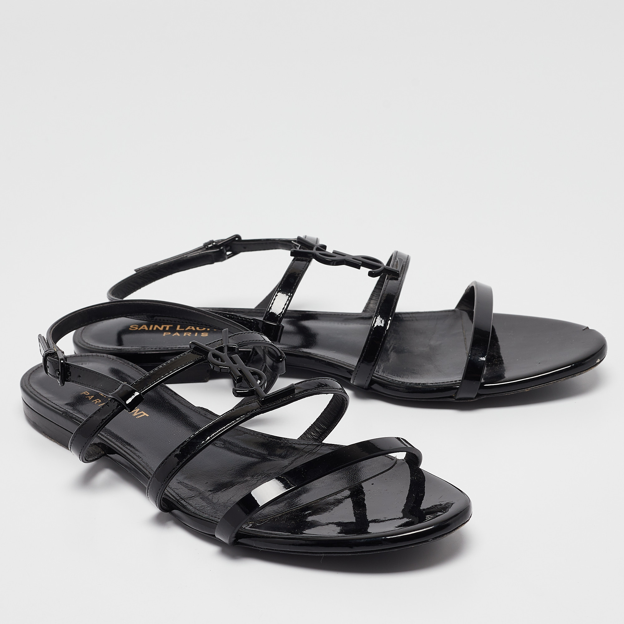 Saint Laurent Black Patent Leather Cassandra Flat Sandals Size 38