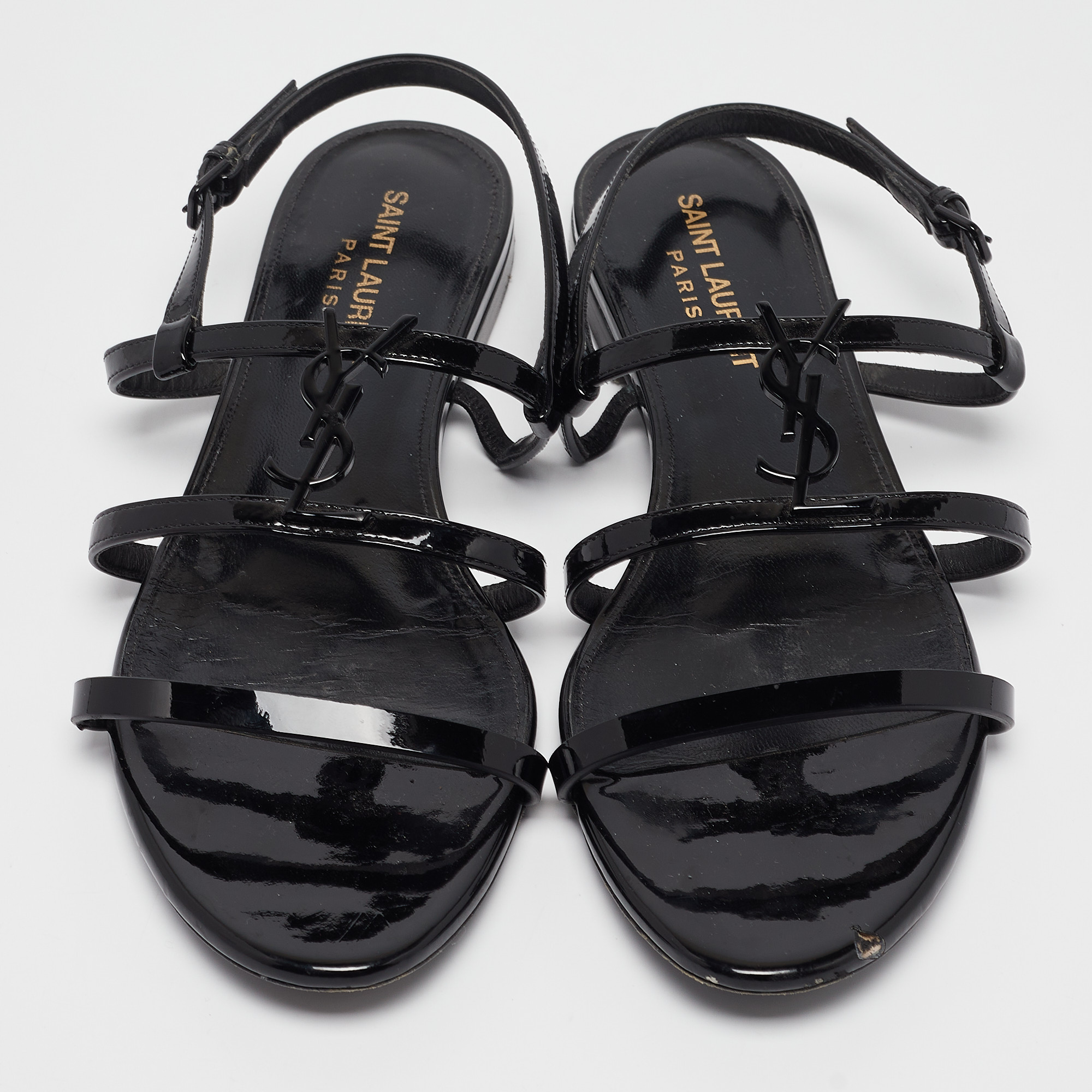 Saint Laurent Black Patent Leather Cassandra Flat Sandals Size 38