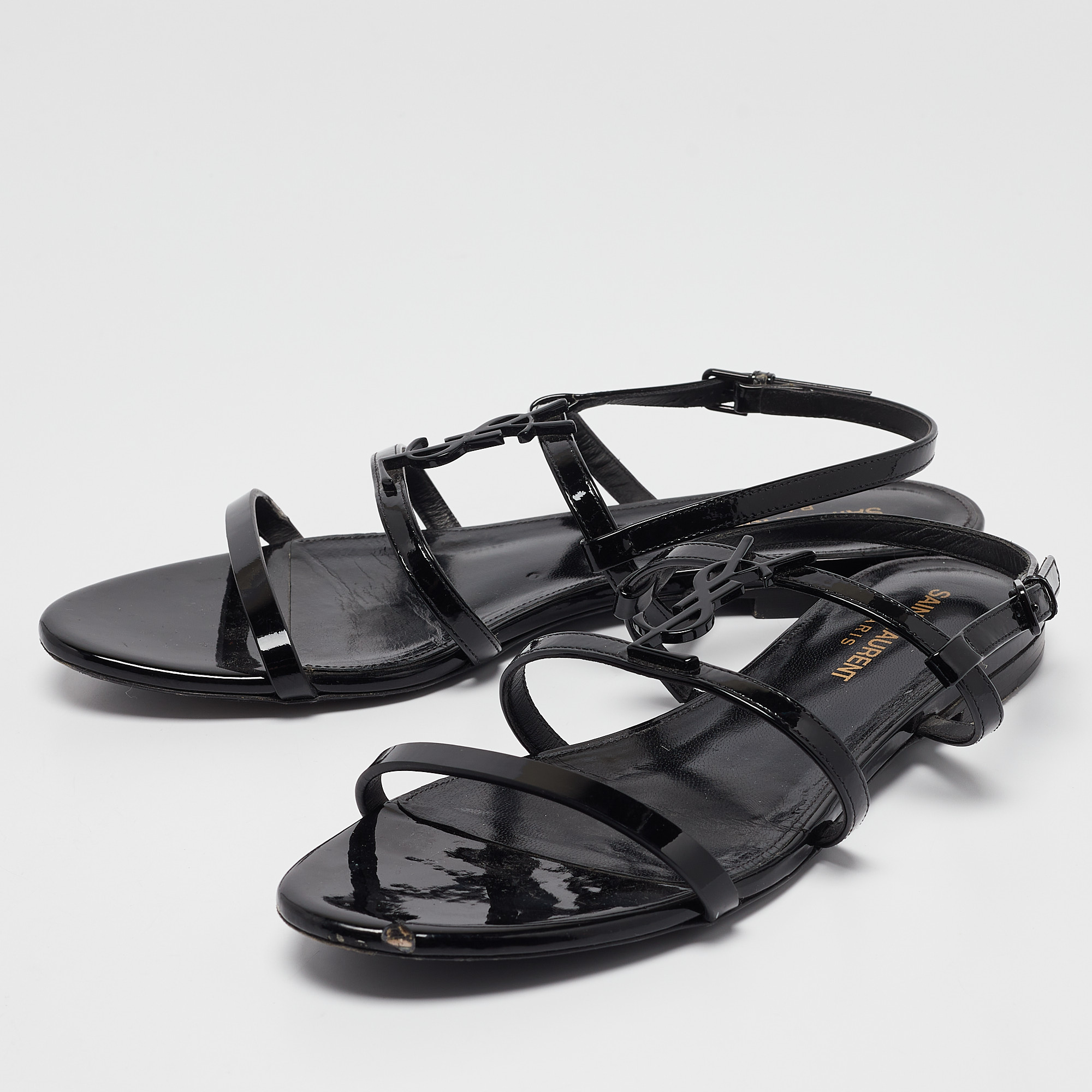 Saint Laurent Black Patent Leather Cassandra Flat Sandals Size 38