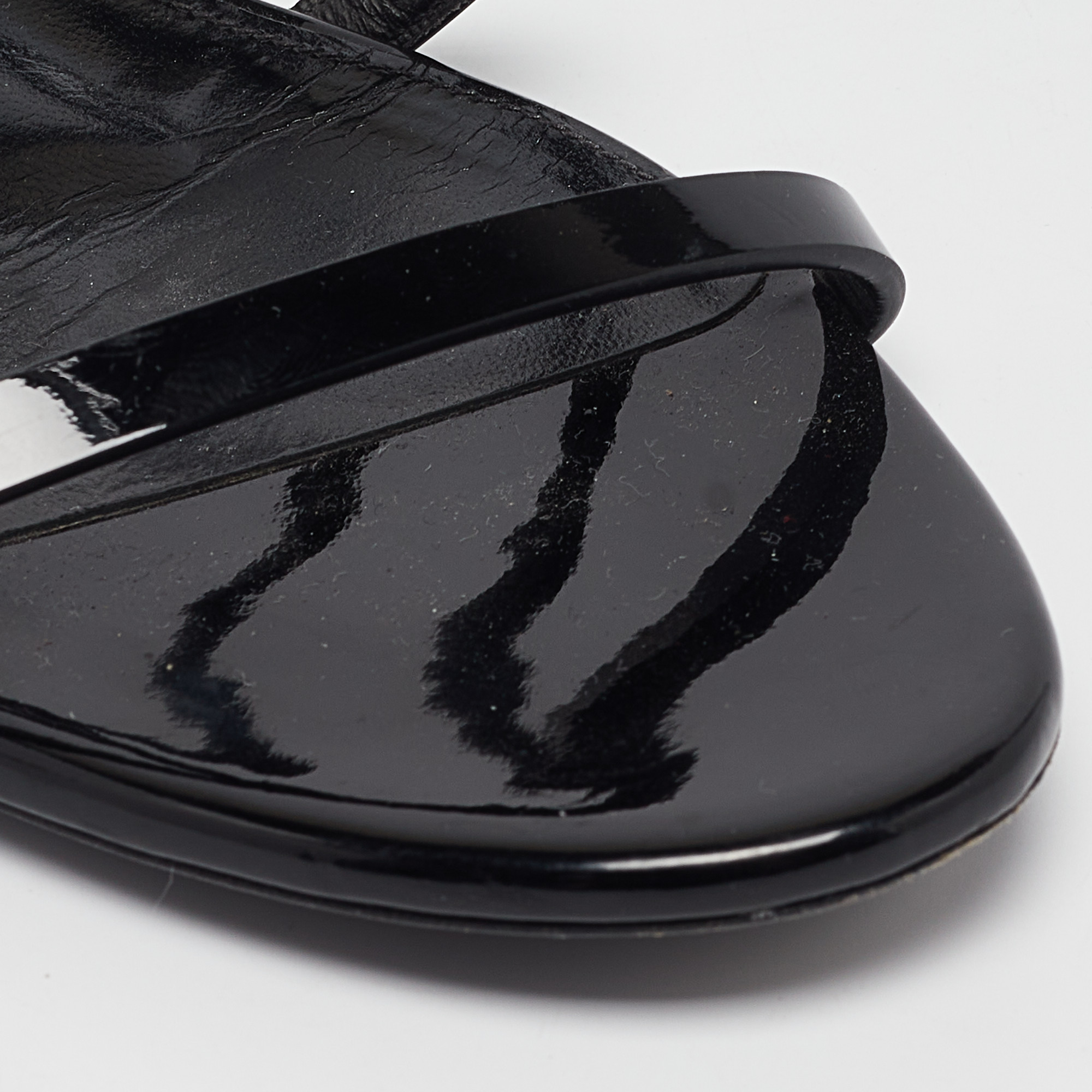 Saint Laurent Black Patent Leather Cassandra Flat Sandals Size 38