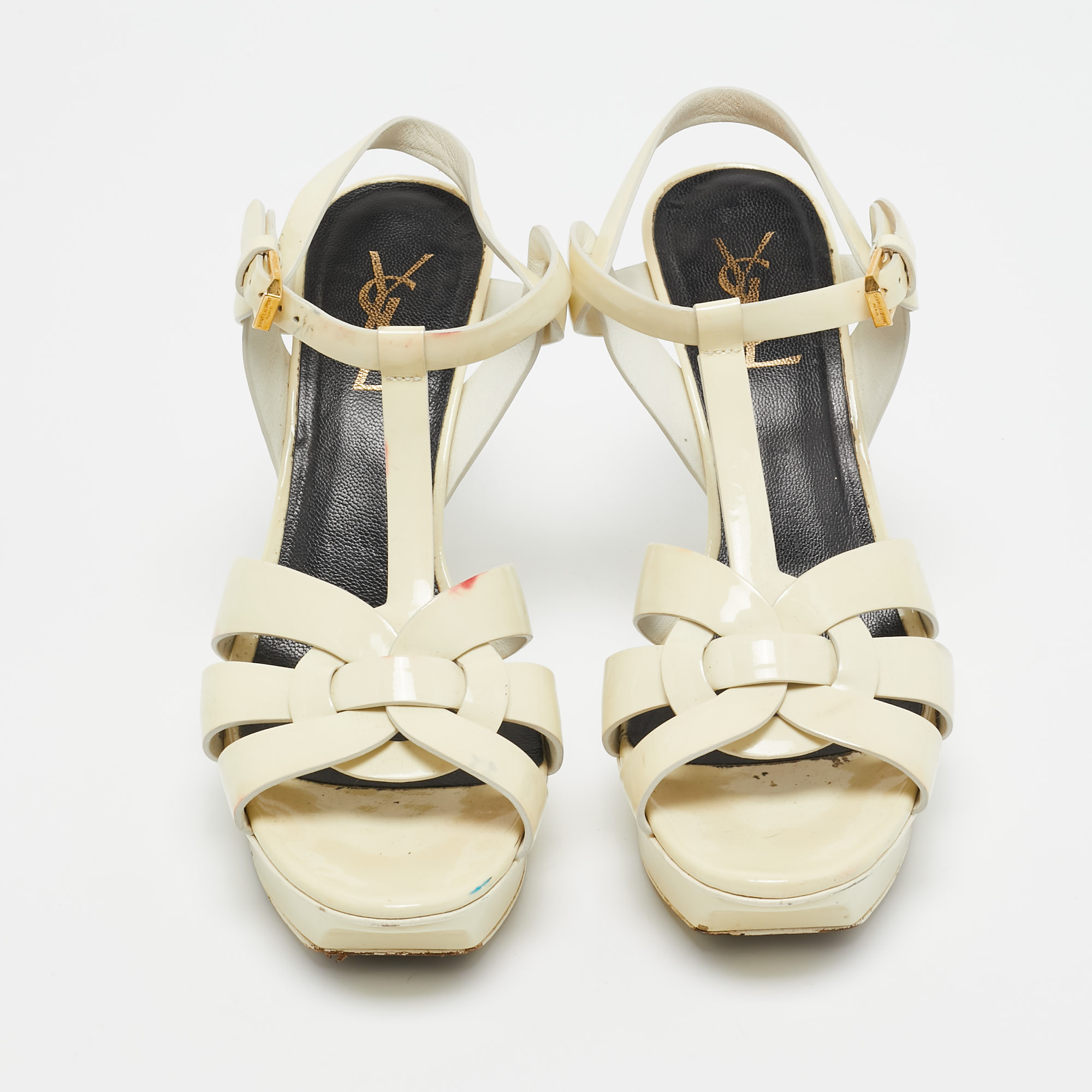 Saint Laurent Cream Patent Leather Tribute Sandals Size 38