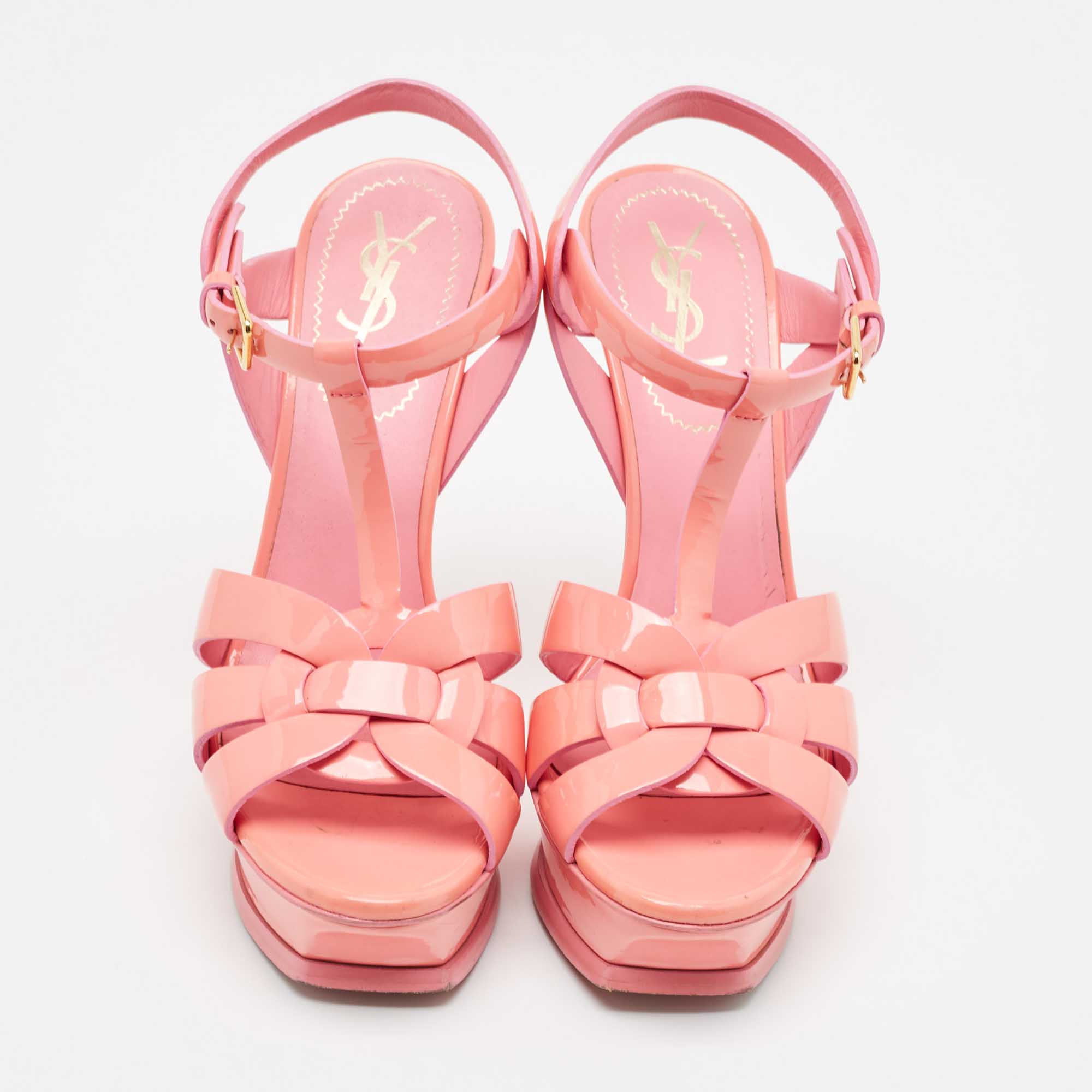 Saint Laurent Pink Patent Leather Tribute Platform Sandals Size 37.5