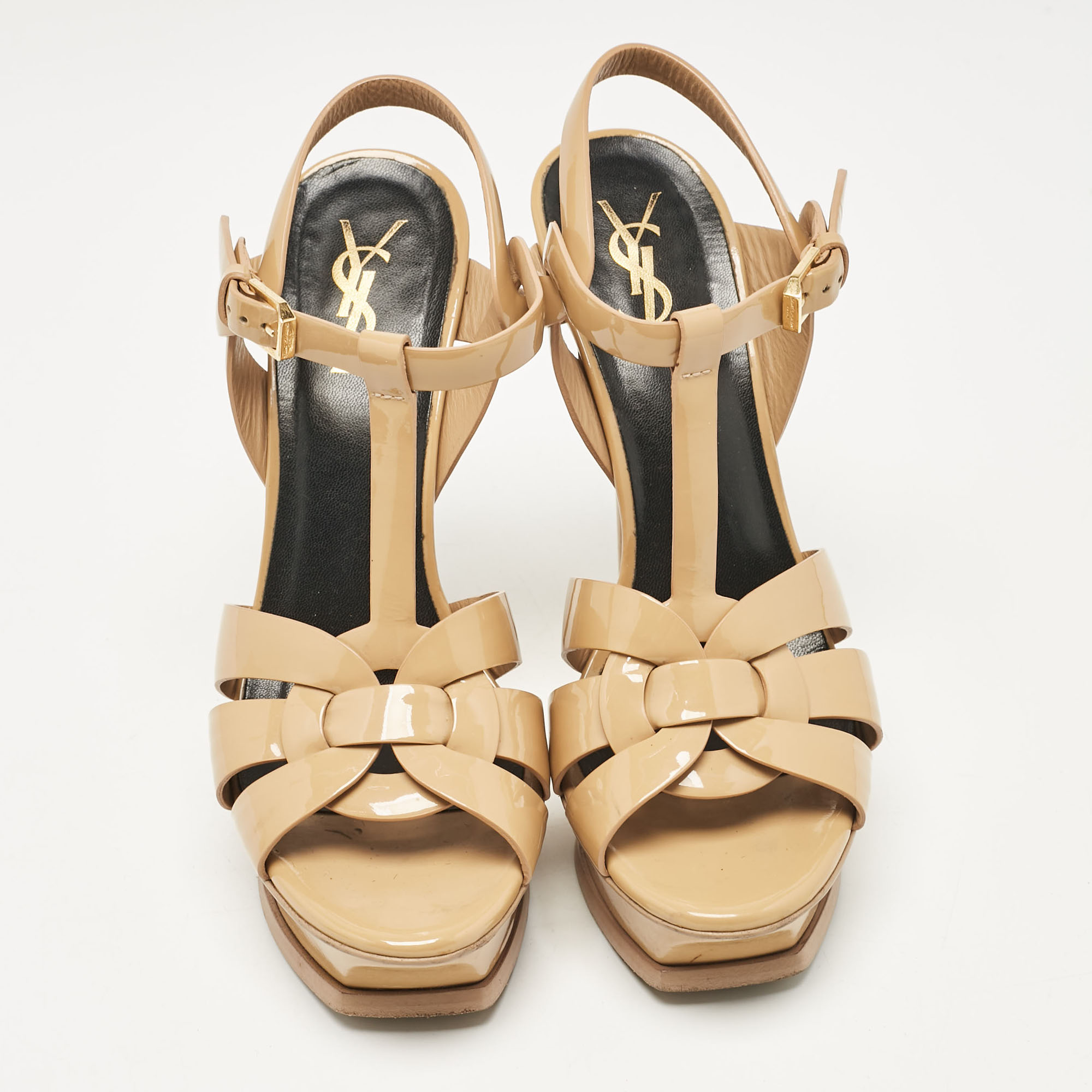 Saint Laurent Beige Patent Leather Tribute Sandals Size 37.5