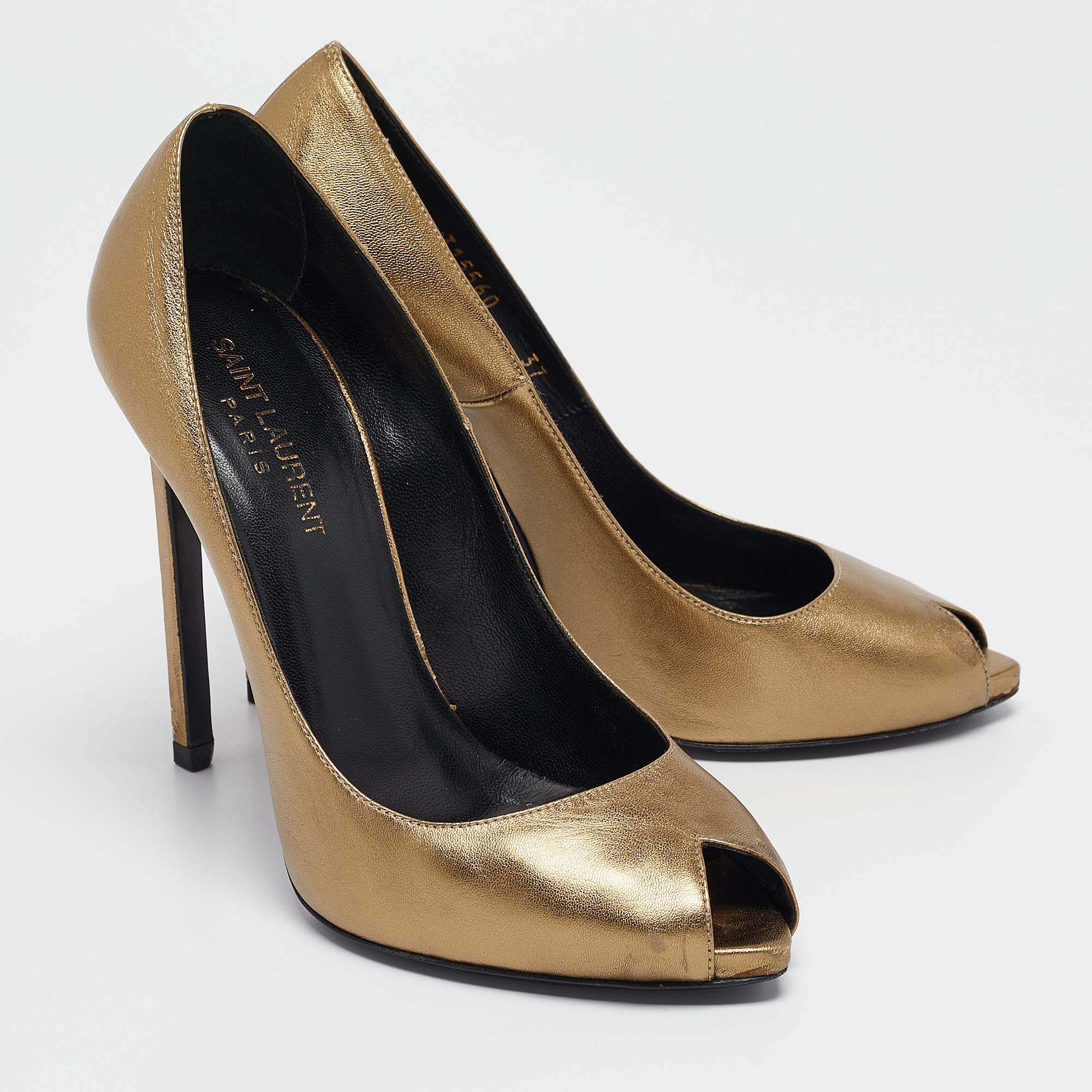 Saint Laurent Gold Leather Peep Toe Pumps Size 37