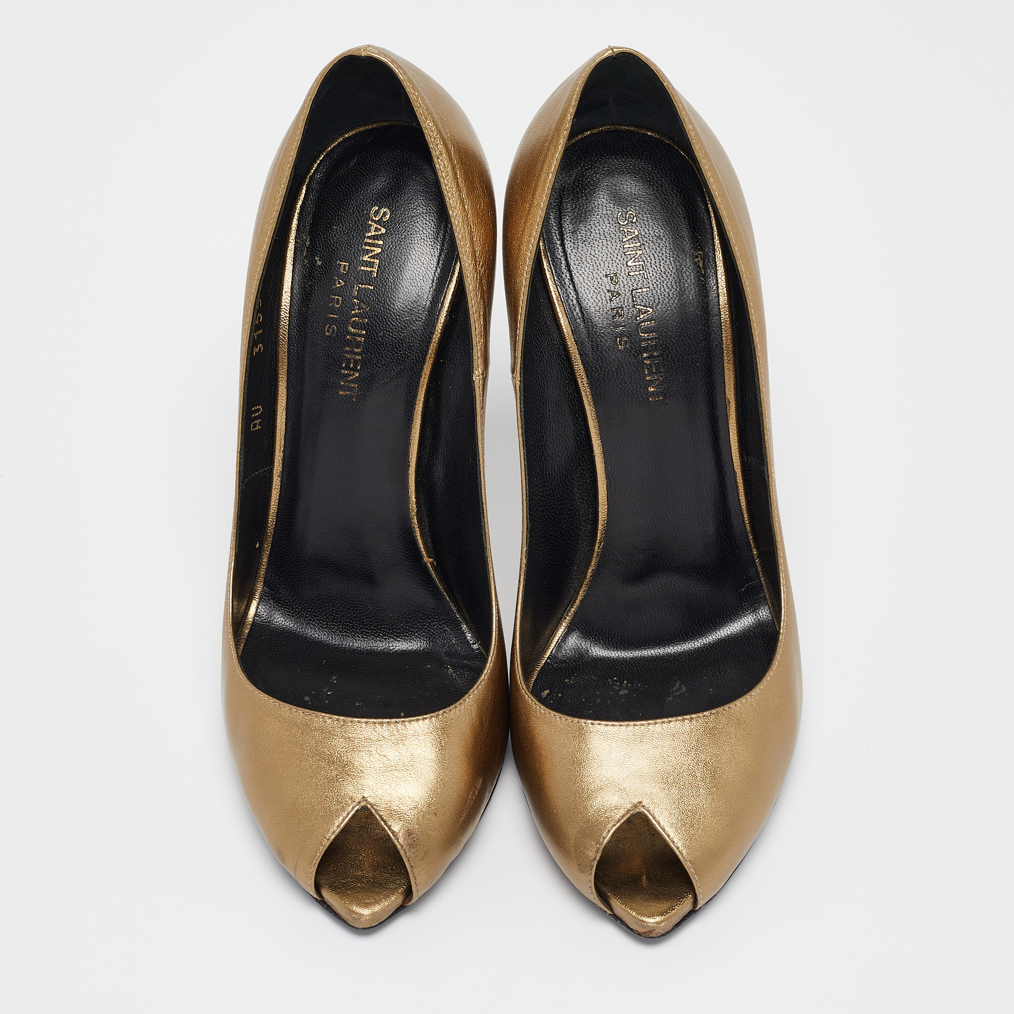 Saint Laurent Gold Leather Peep Toe Pumps Size 37